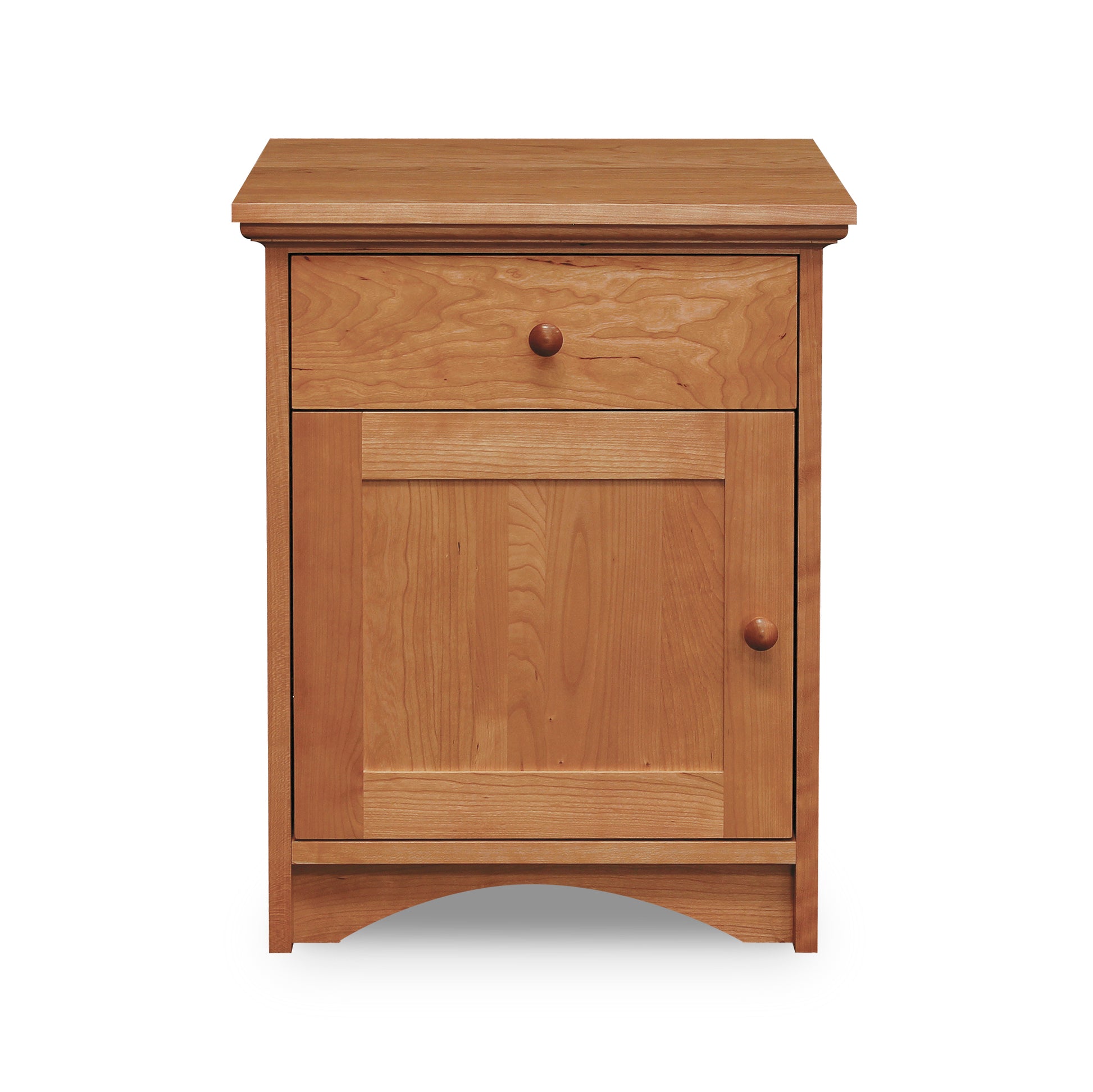 A small wooden Lyndon Furniture New England Shaker 1-Drawer Nightstand with Door and Arched Base, made of hardwood in the New England Shaker style.