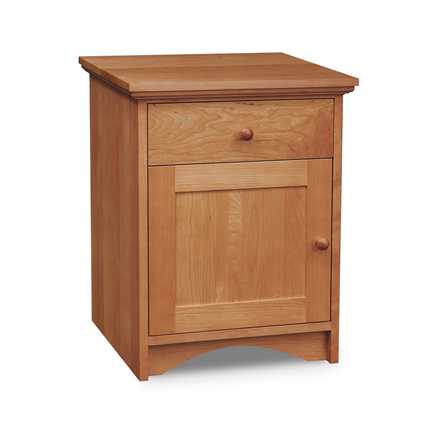 This Lyndon Furniture New England Shaker 1-Drawer Nightstand with Door and Arched Base features a small wooden nightstand with a drawer, crafted from hardwood.