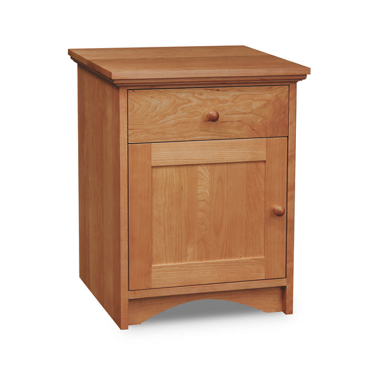 Lyndon Furniture New England Shaker nightstand in solid hardwood with one drawer, door, round knobs, and arched base.