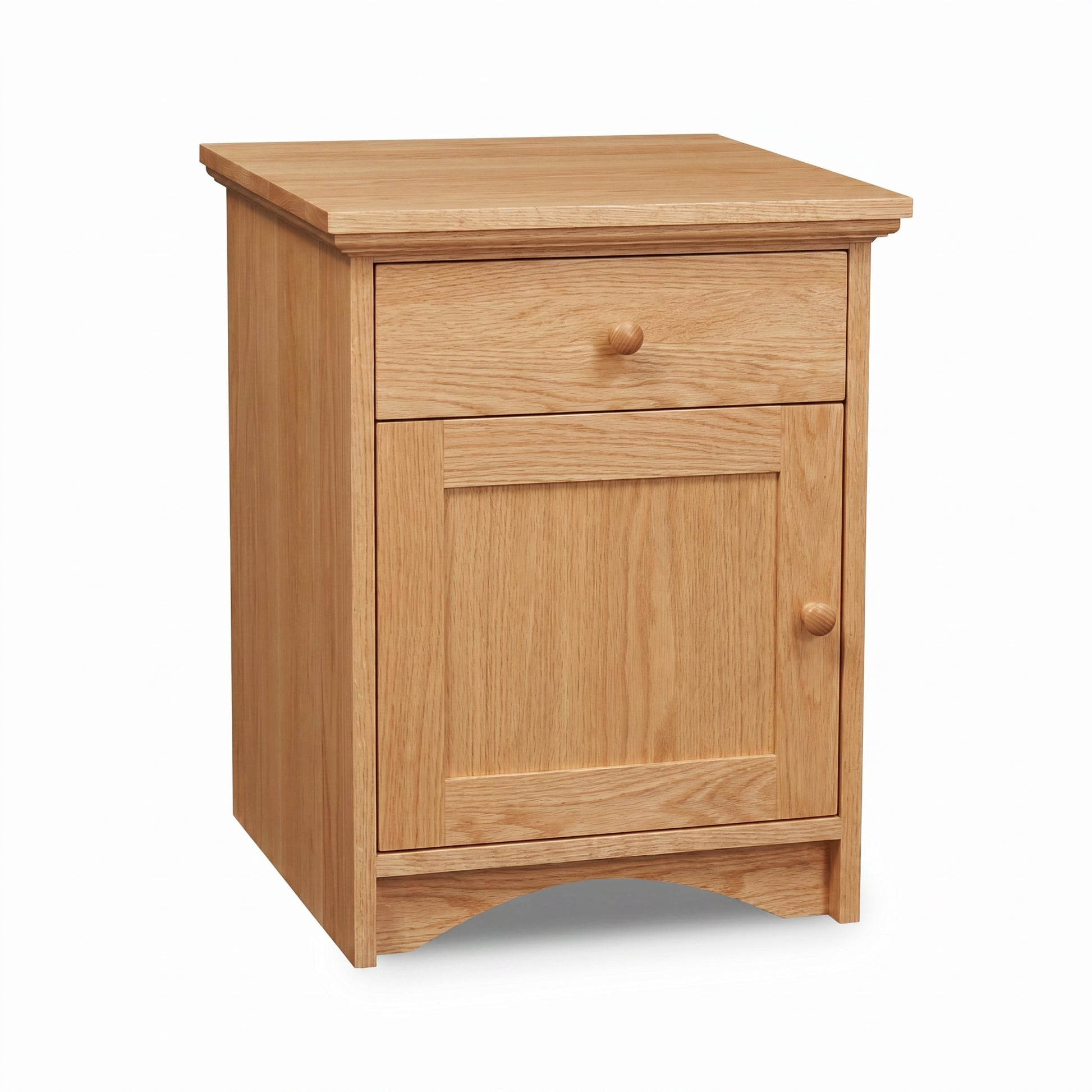 New England Shaker 1-Drawer Nightstand by Lyndon Furniture, handcrafted from solid hardwood with door and arched base, customizable finish.