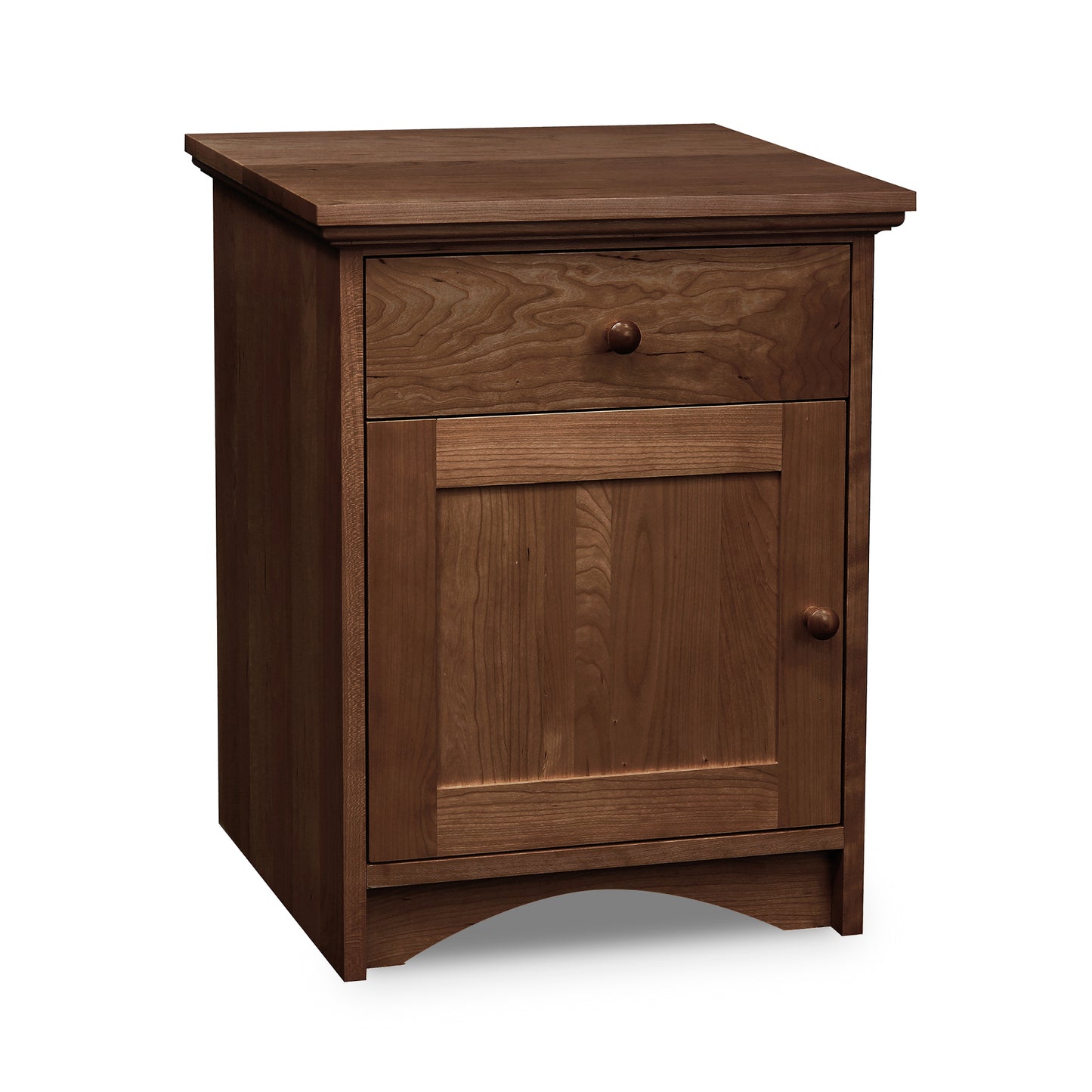 Lyndon New England Shaker Nightstand crafted from Vermont hardwood with medium brown finish, featuring round knobs, one drawer, and one door.