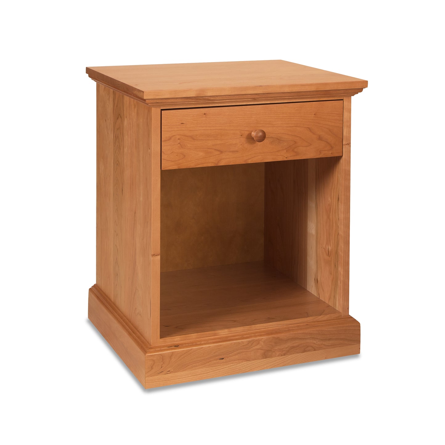 A luxury Lyndon Furniture New England Shaker 1-Drawer Enclosed Shelf nightstand with an elegant wooden design.