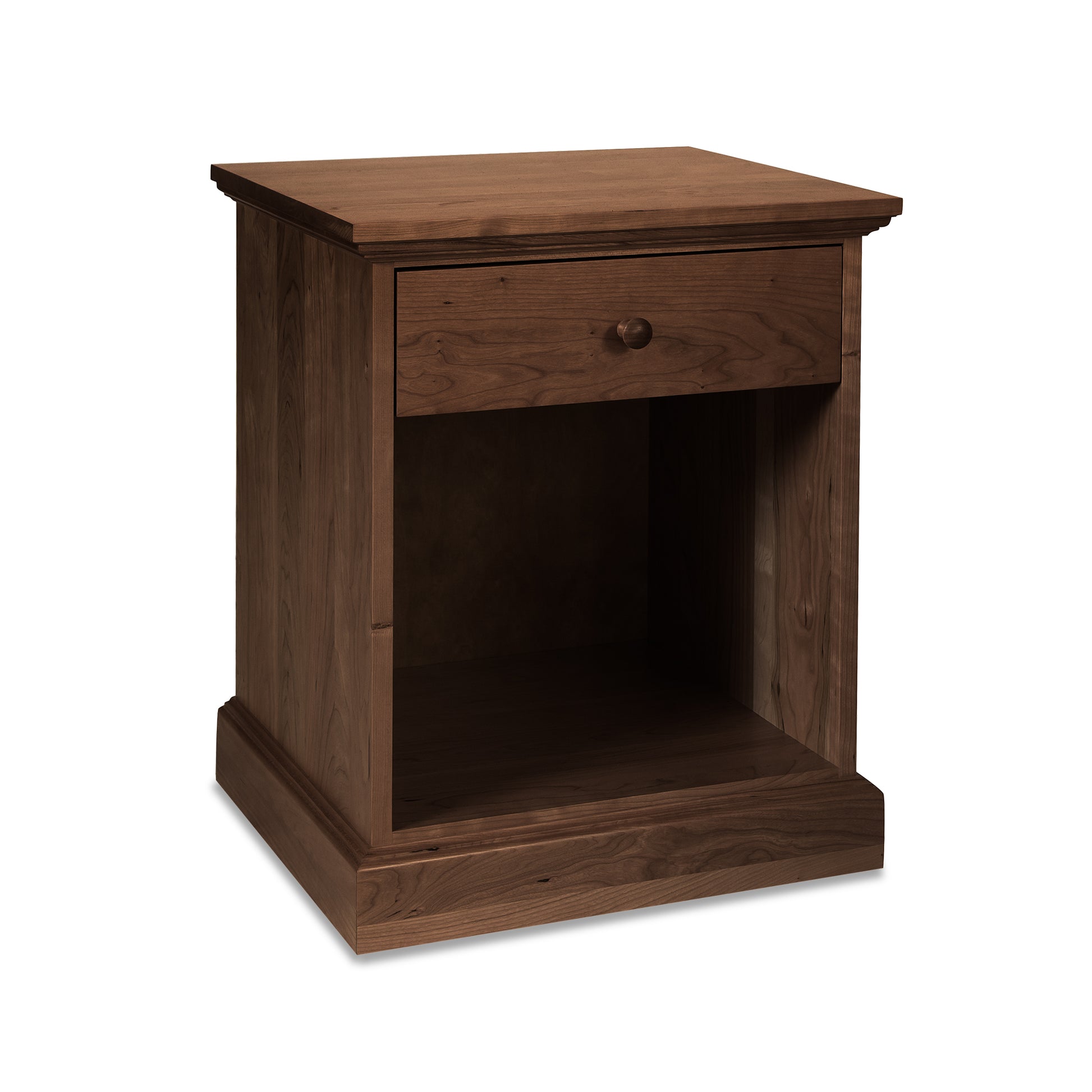 New England Shaker nightstand by Lyndon Furniture featuring a 1-drawer design with a wooden knob and an enclosed lower shelf.