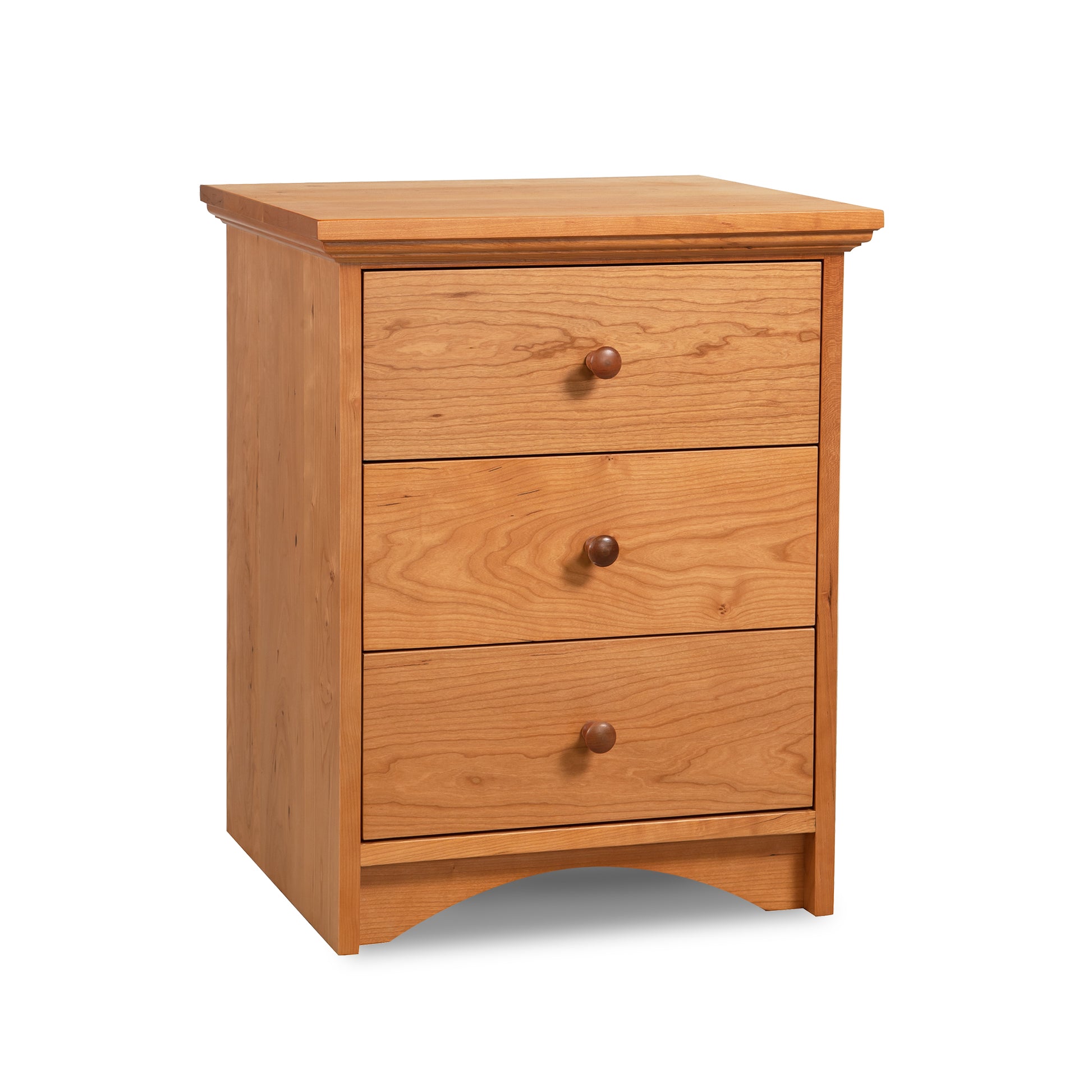 A nightstand with three drawers on a white background.