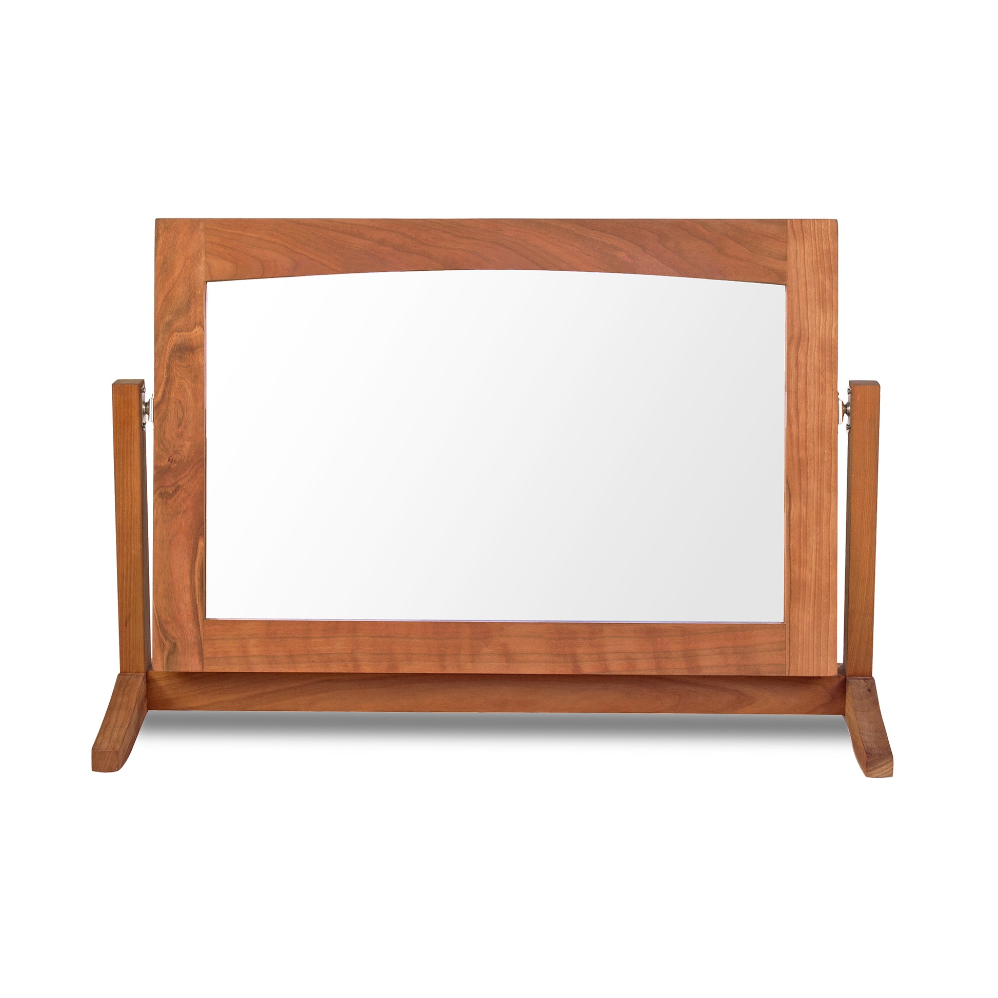 An adjustable New England Shaker Dresser Mirror handcrafted by Lyndon Furniture in Vermont, featuring a sustainable harvested solid wood stand, placed on a white background.