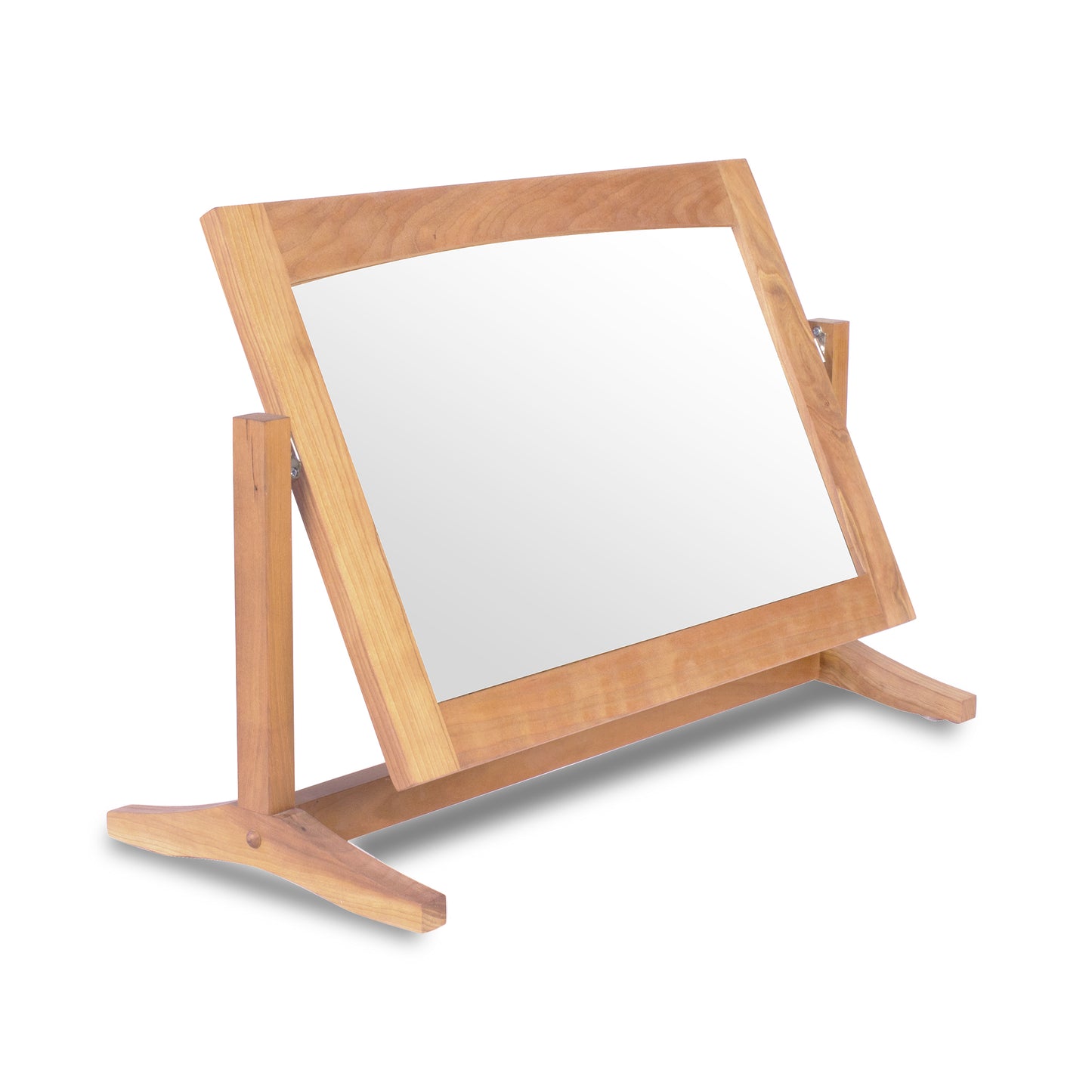 A handcrafted wooden stand with the New England Shaker Adjustable Dresser Mirror, sustainably harvested from solid woods and made in Vermont. (Brand: Lyndon Furniture)
