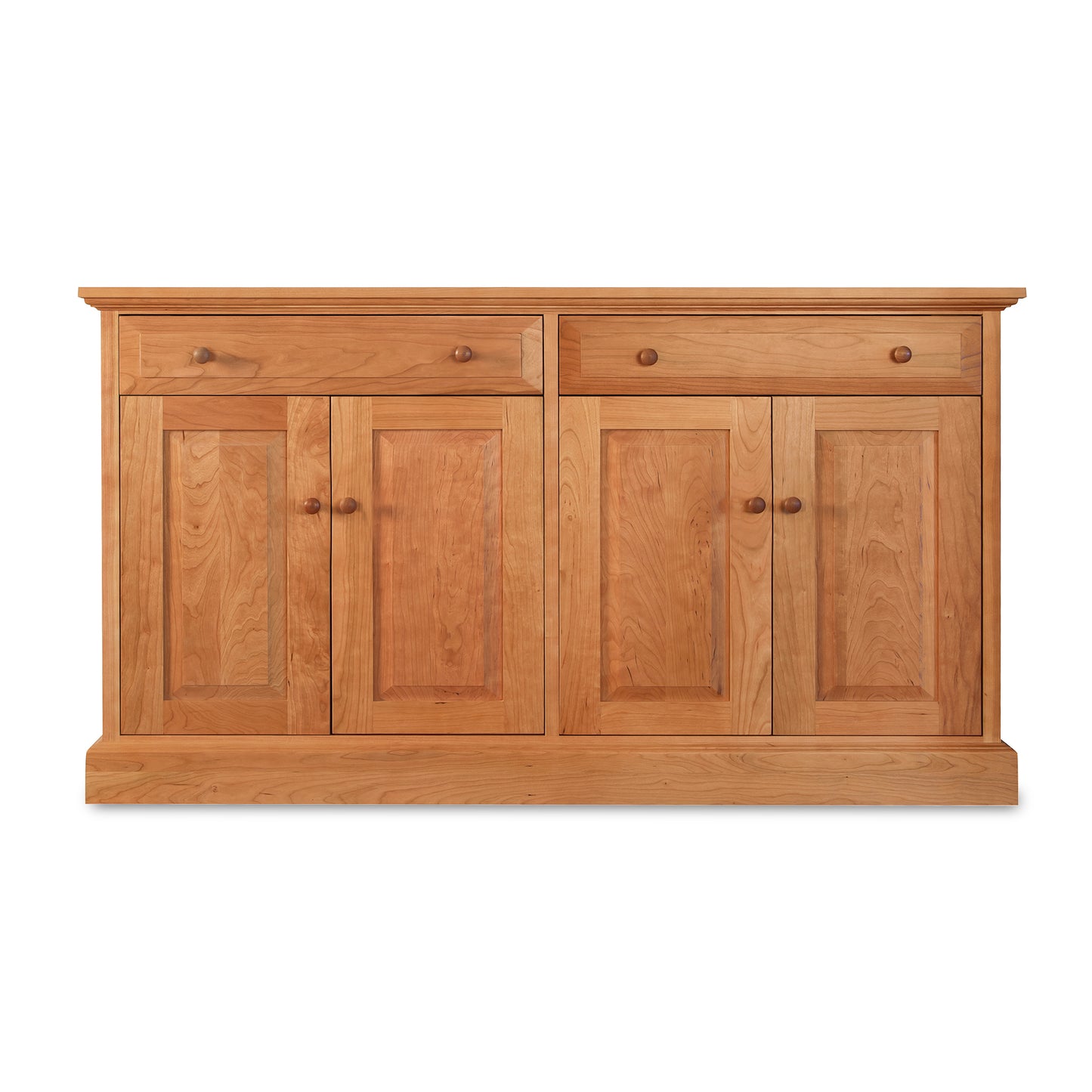 New England Shaker Buffet by Lyndon Furniture with two drawers, four doors, round wooden knobs, and a natural finish.