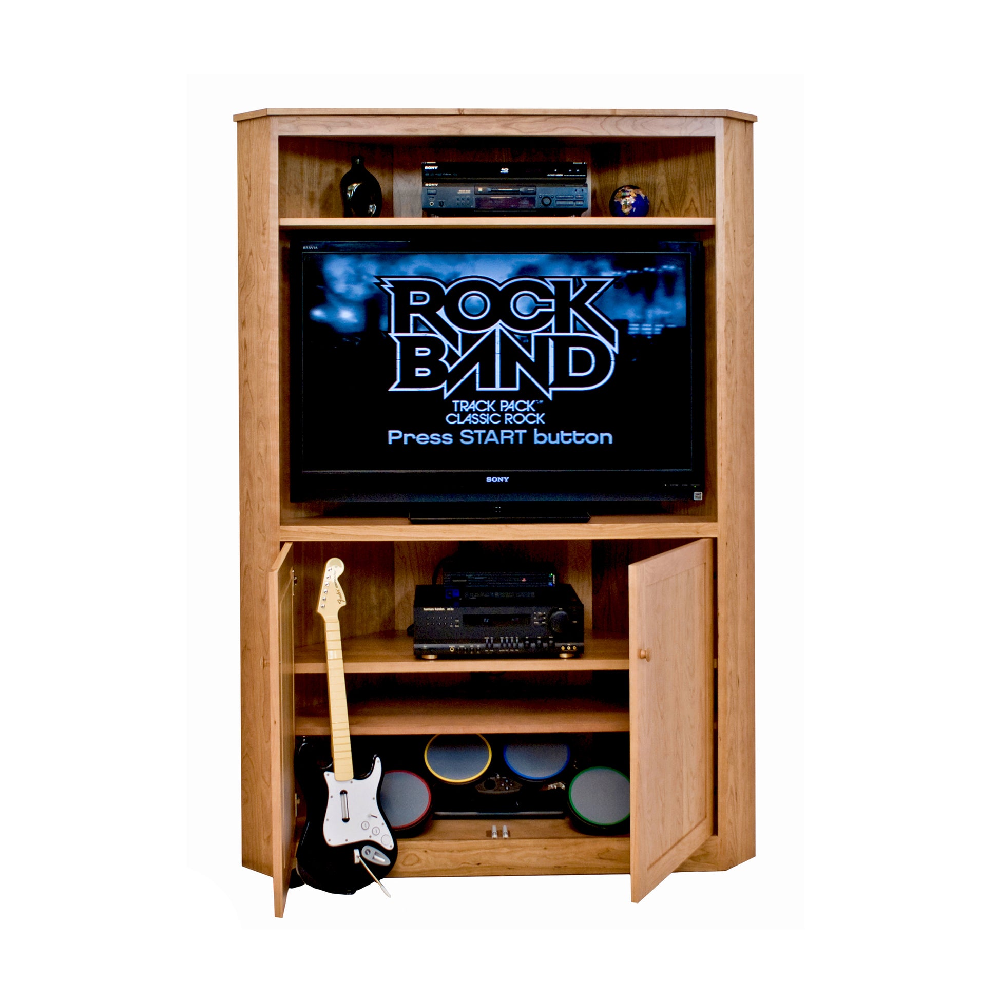 This New England Shaker Corner Entertainment Center from Lyndon Furniture serves as a media storage solution for your rock band collection.