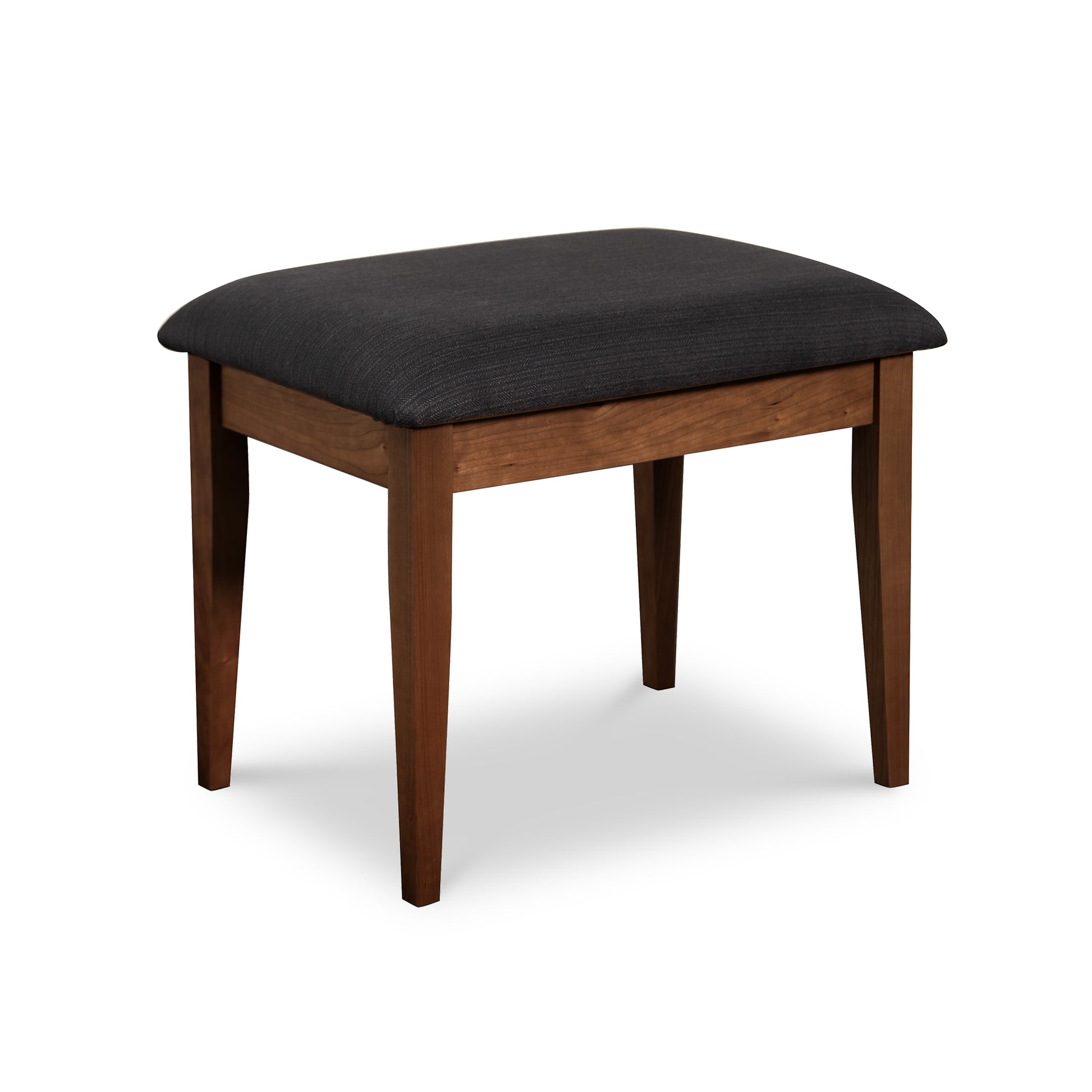 Lyndon Furniture New England Shaker Dressing Stool with black cushioned seat, handcrafted from sustainably harvested wood.