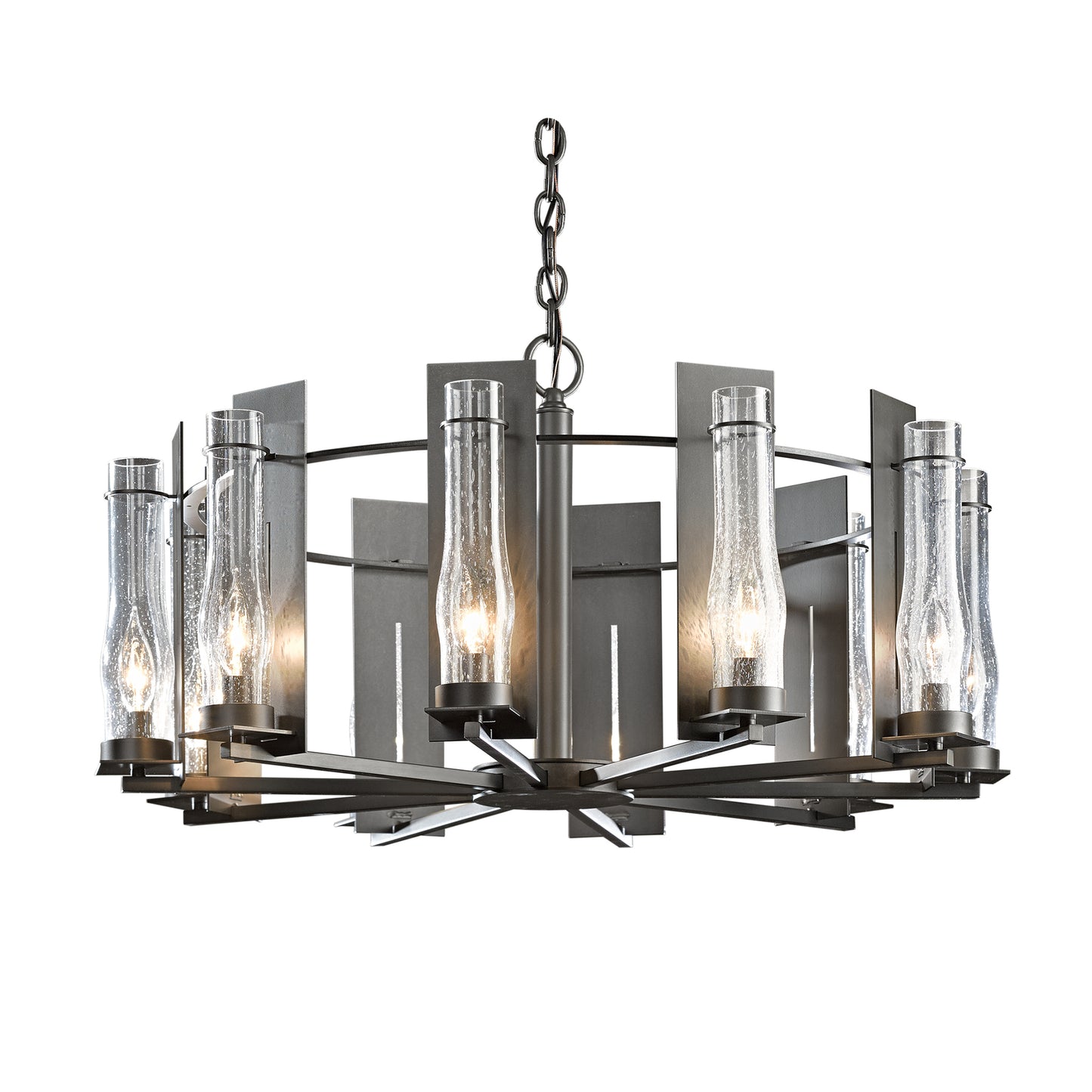 A Hubbardton Forge New Town 10-Arm Chandelier with a metal frame and glass cylinders.