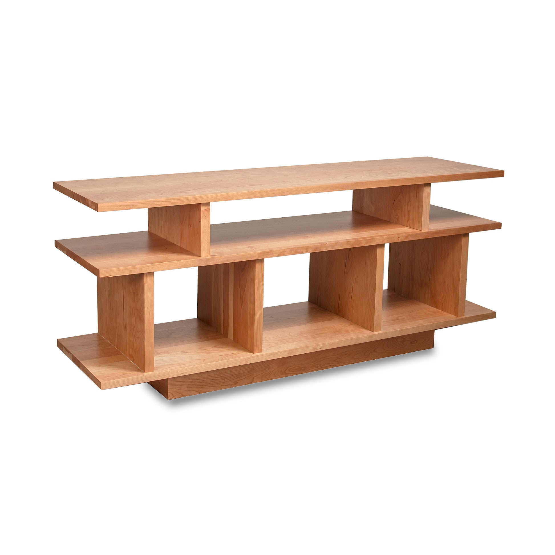 Lyndon Furniture New York Contemporary TV Stand #1 in natural cherry with three open shelves and vertical dividers, handcrafted American wood furniture.