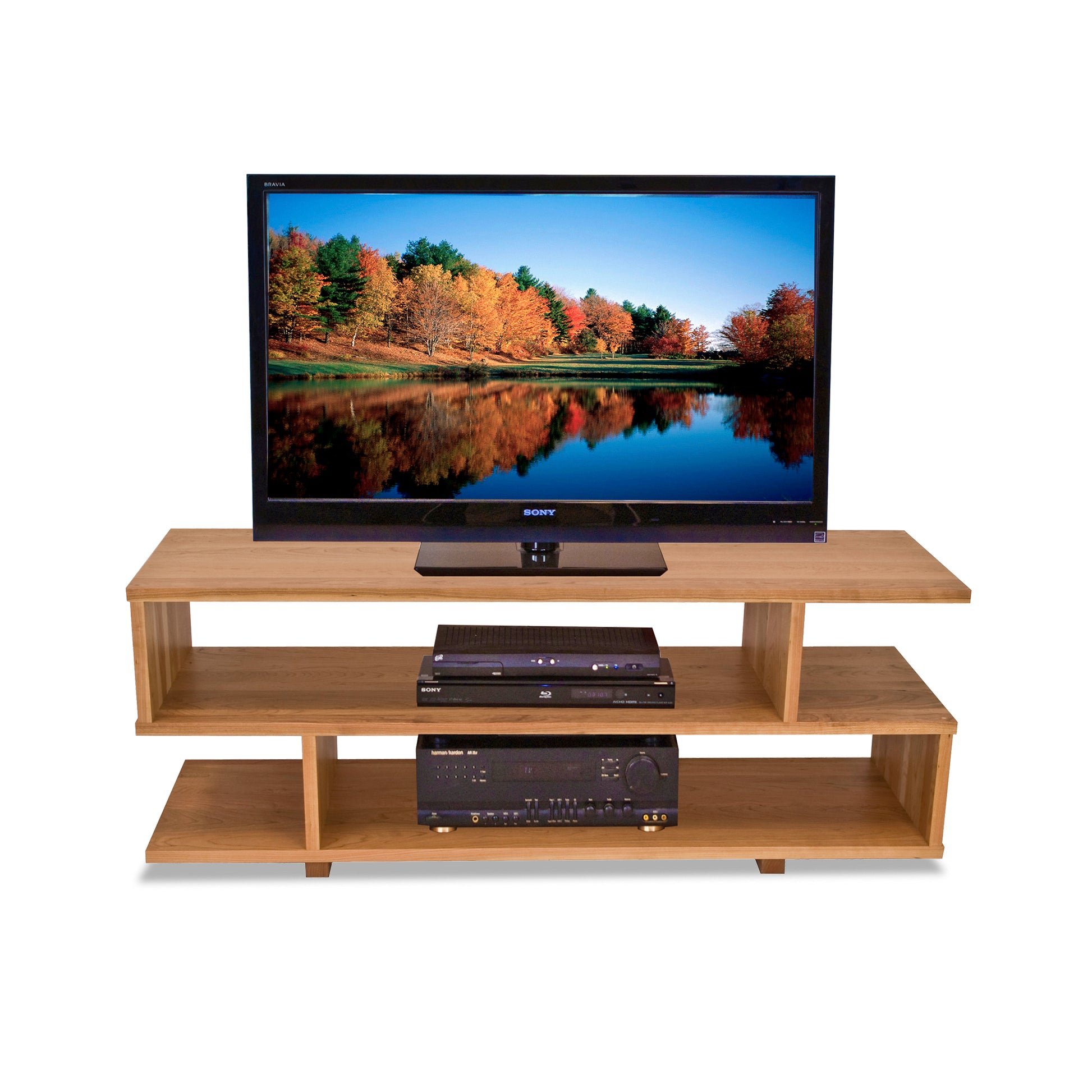 A New York Contemporary TV Stand #3 with Lyndon Furniture branding, featuring media equipment and a TV on top.