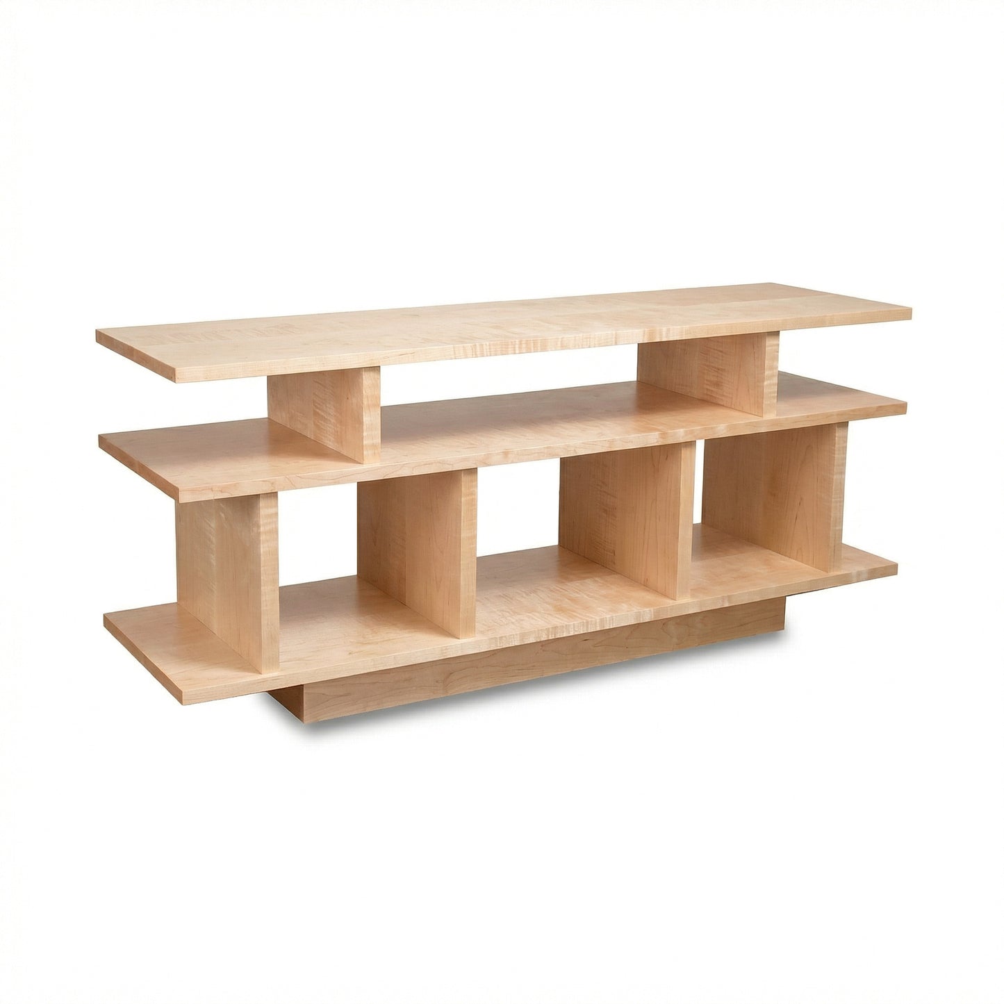 Lyndon Furniture New York Contemporary TV Stand #1 in light wood with three shelves and open compartments, crafted in the USA.