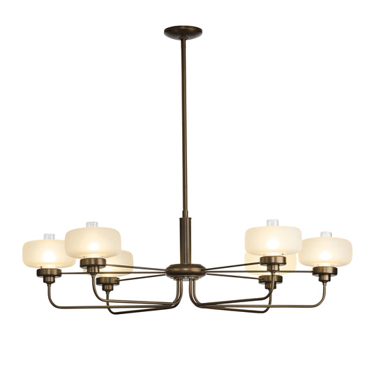 A Hubbardton Forge Nola Pendant chandelier featuring six frosted glass shades.