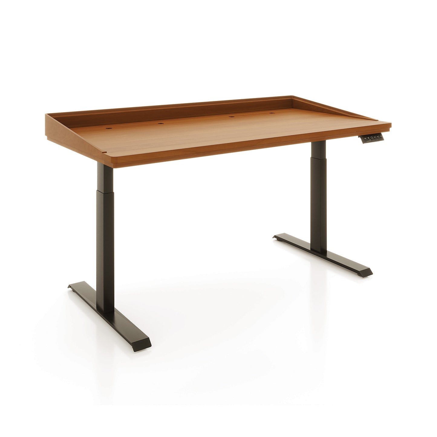 Copeland Furniture Odin Sit-Stand Desk with a solid wood top, raised edge, and black metal adjustable legs, showcasing fine American craftsmanship.
