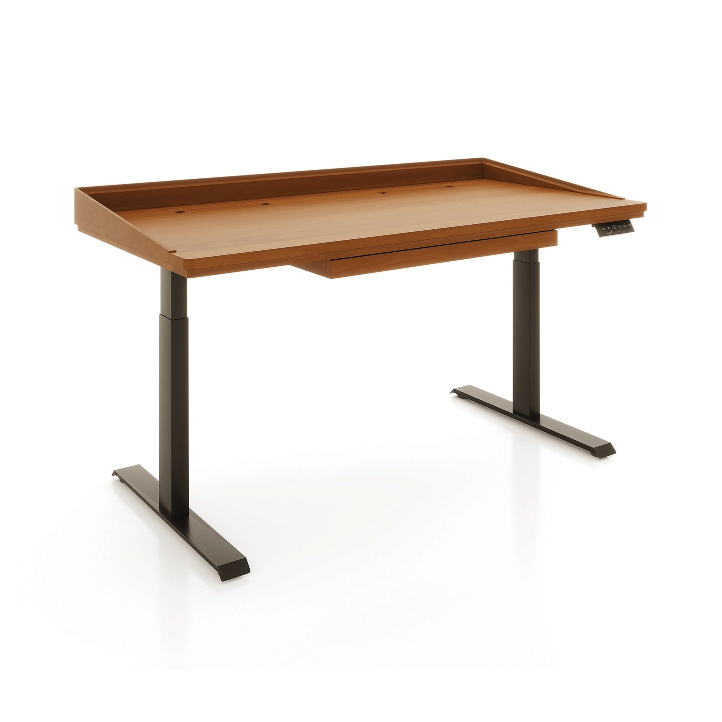 Odin Sit-Stand Desk by Copeland Furniture with sleek black metal legs, a shallow drawer, and right-side height controls; crafted in Vermont, USA.