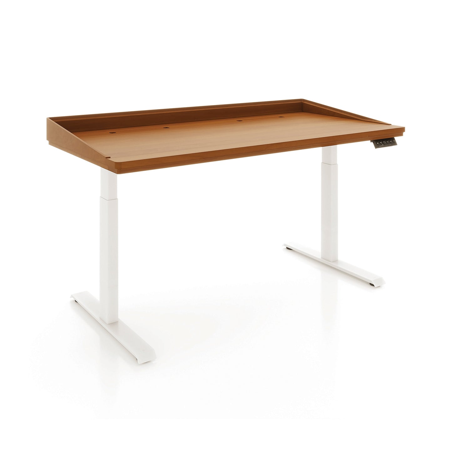 Odin Sit-Stand Desk by Copeland Furniture with a solid wood top, sleek raised edges, and sturdy white adjustable metal legs. American made craftsmanship.