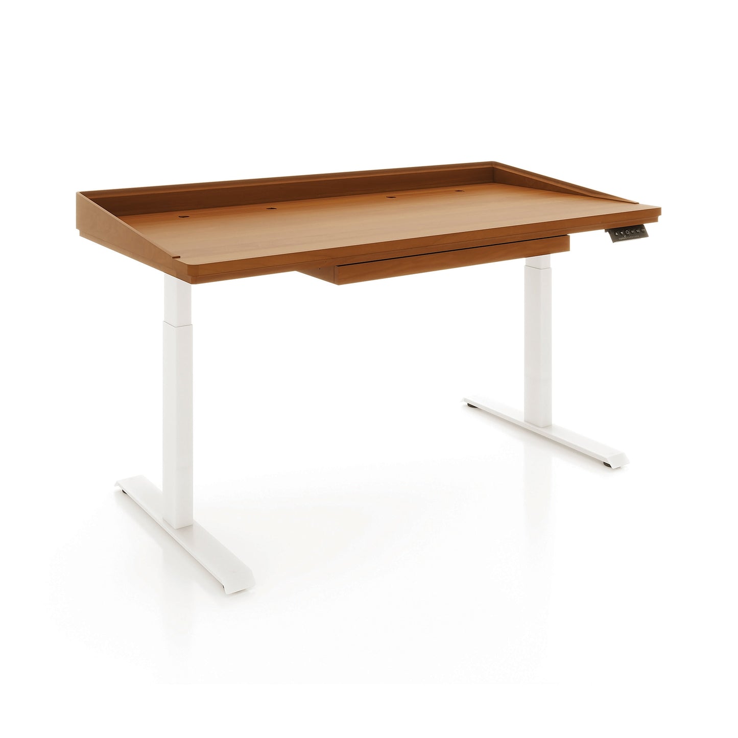 Odin Sit-Stand Desk by Copeland Furniture with sleek white metal legs and right-side digital control panel, American made for ergonomic workspace.