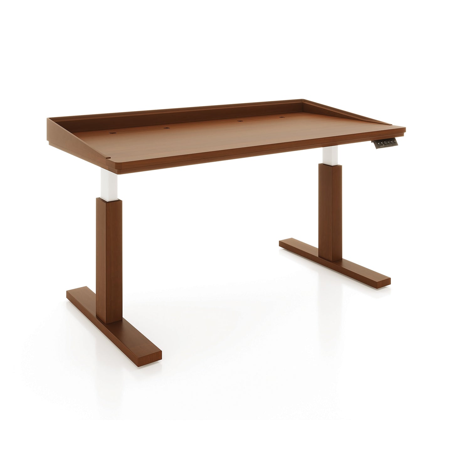 Odin Sit-Stand Desk by Copeland Furniture with brown wood top and sturdy metal legs, offering ergonomic, American-made height adjustability.