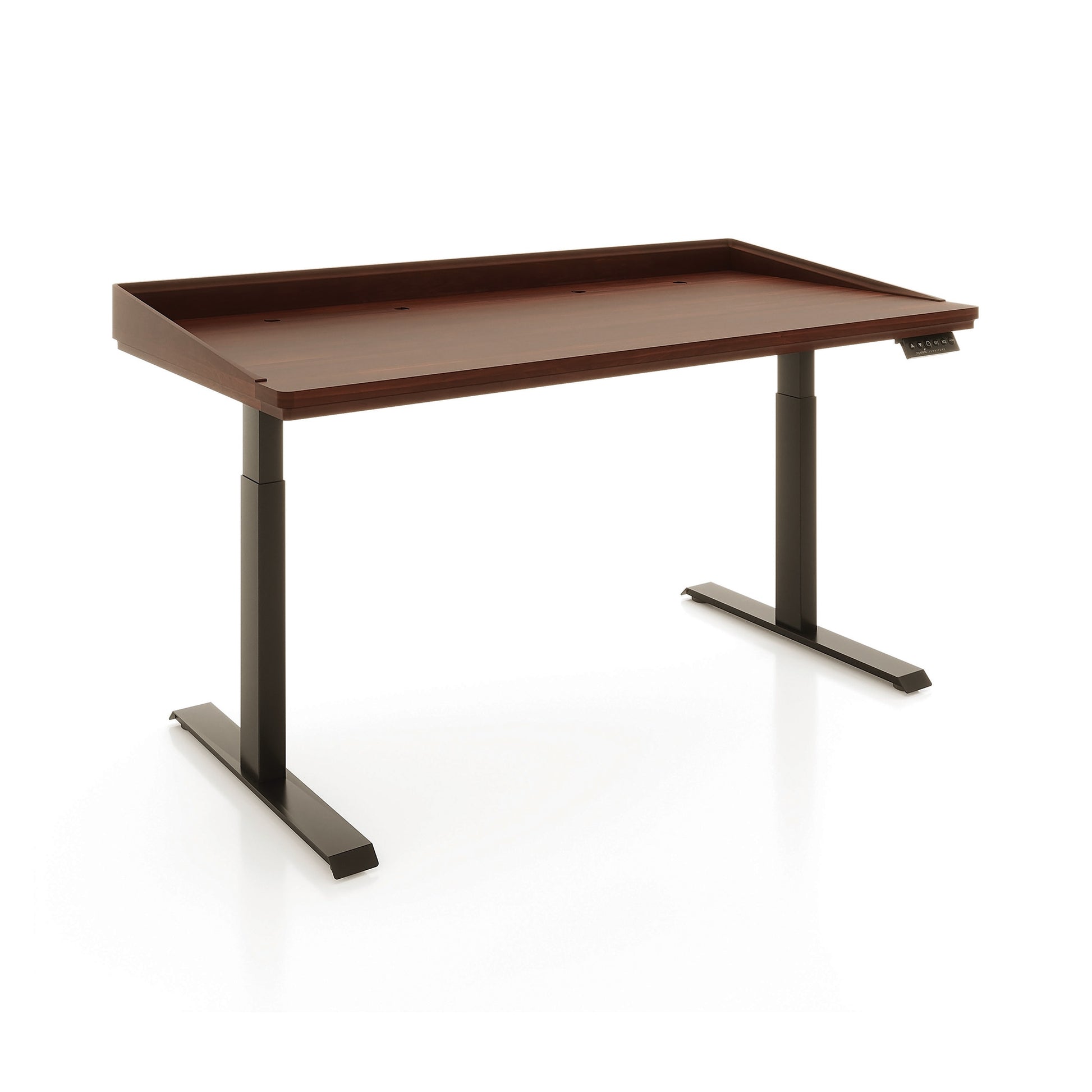 Odin Sit-Stand Desk by Copeland Furniture features a brown rectangular top, black adjustable legs, and a raised edge, expertly crafted in Vermont.