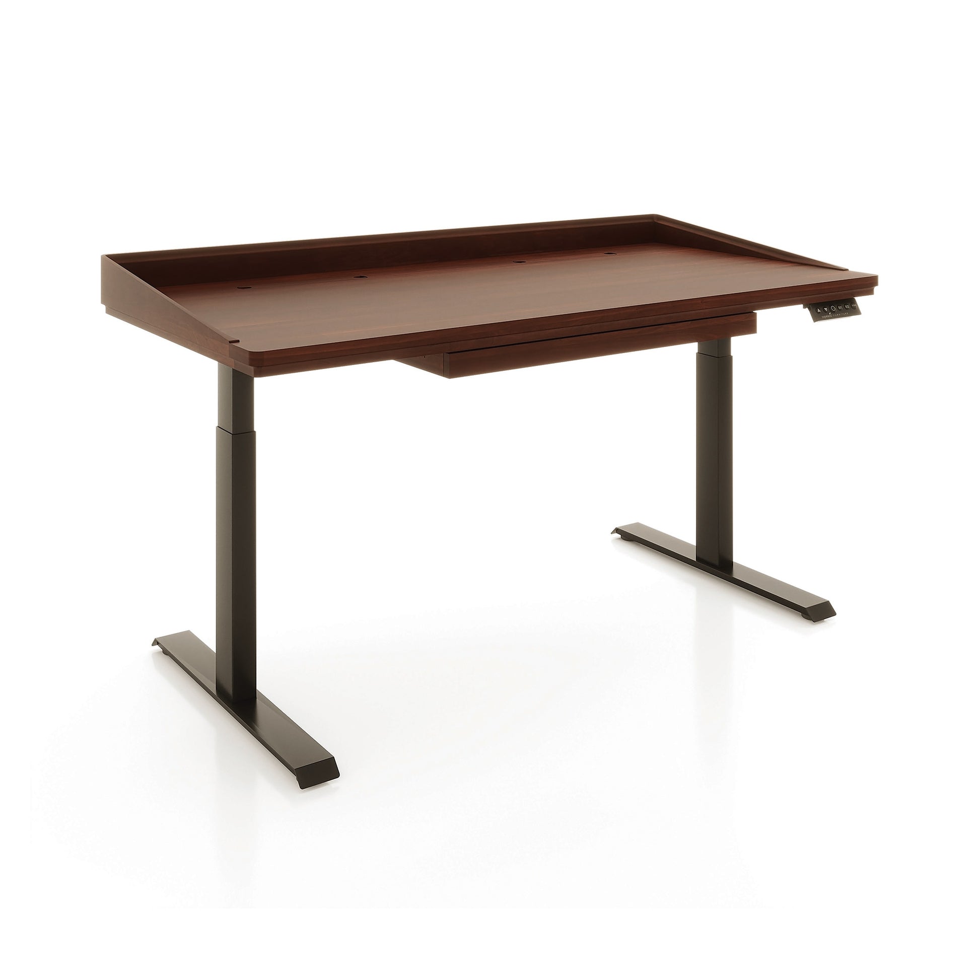 Copeland Furniture Odin Sit-Stand Desk in dark wood with black metal legs and a right-side digital control panel, crafted in Vermont.