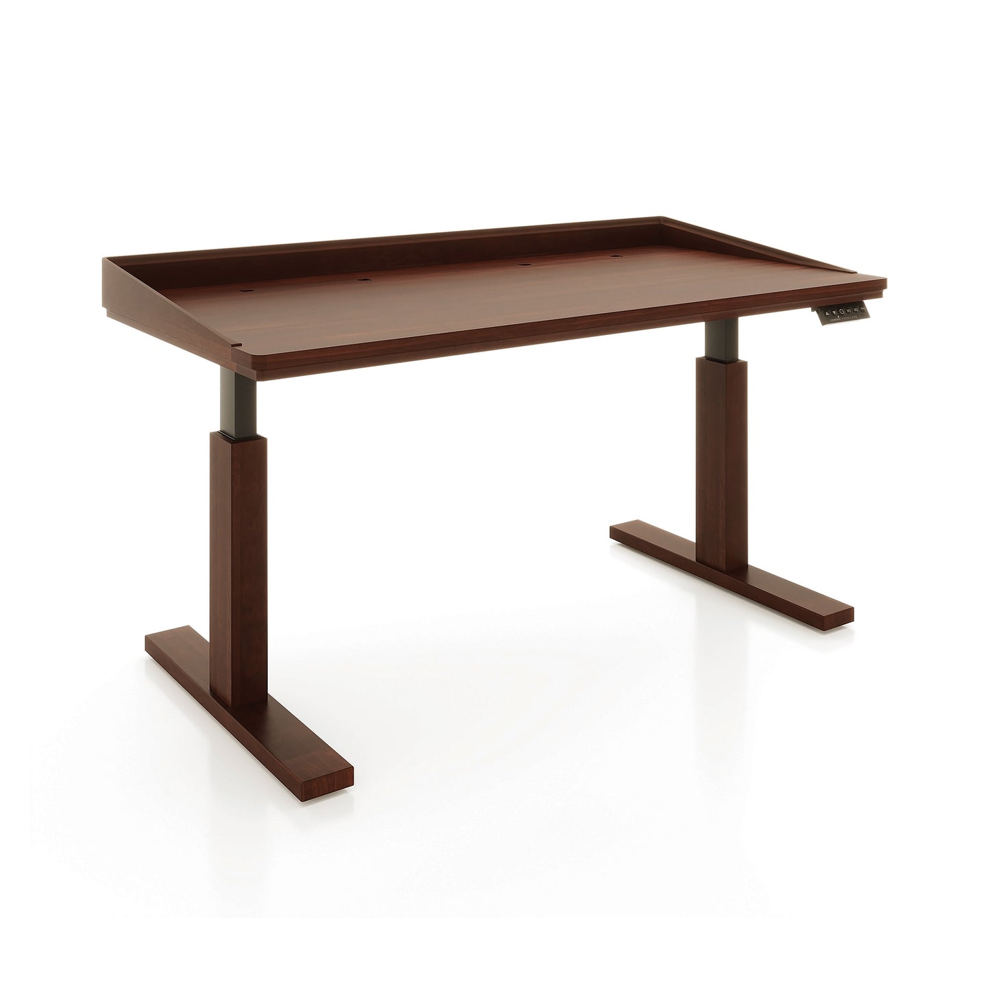 Odin Sit-Stand Desk by Copeland Furniture with a rectangular brown wood top, two sturdy legs, and a right-side control panel, handcrafted in Vermont.