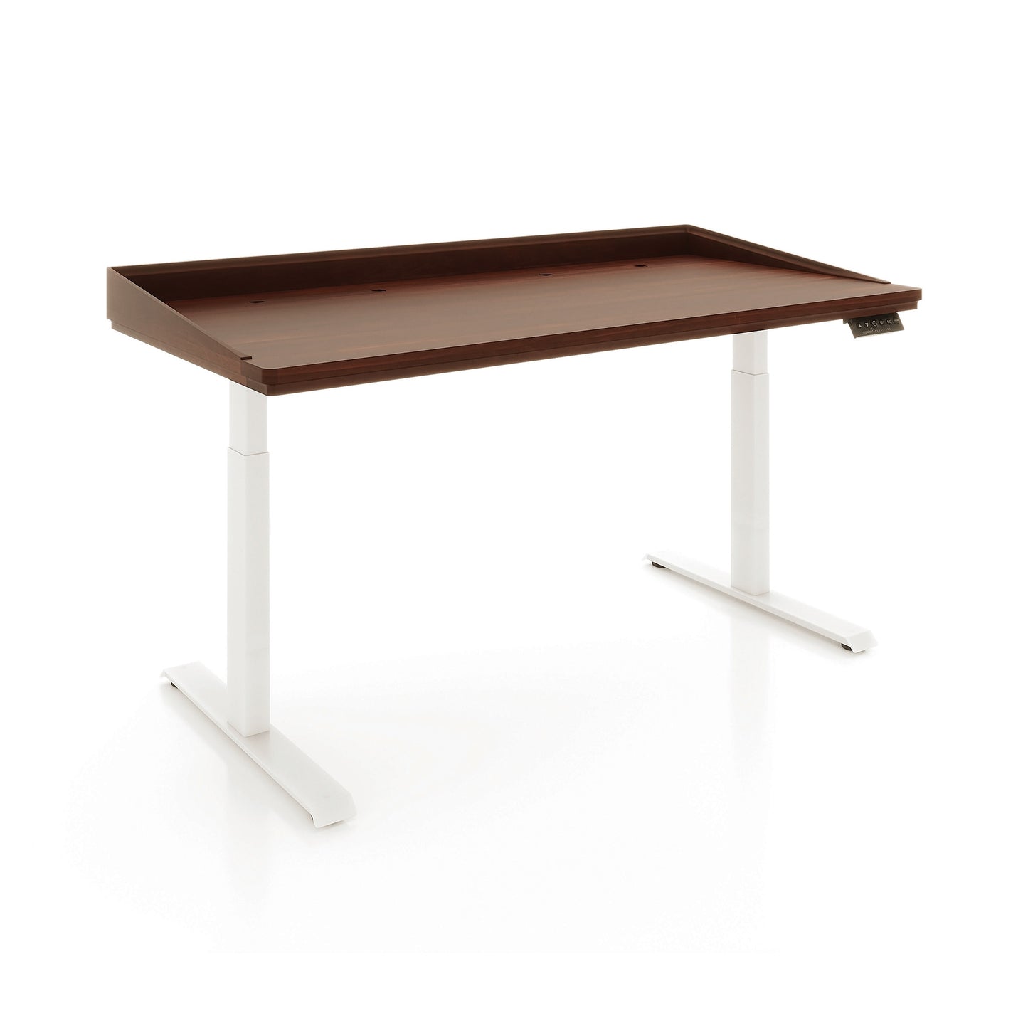 Odin Sit-Stand Desk by Copeland Furniture with a dark wood top, white metal legs, and digital control panel on the right, American made quality.