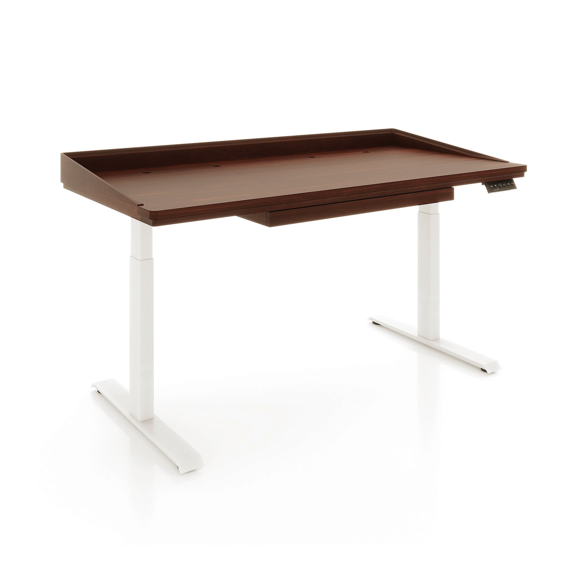 Copeland Furniture Odin Sit-Stand Desk with dark brown top, raised edges, and sturdy white metal legs. High quality American made office desk.