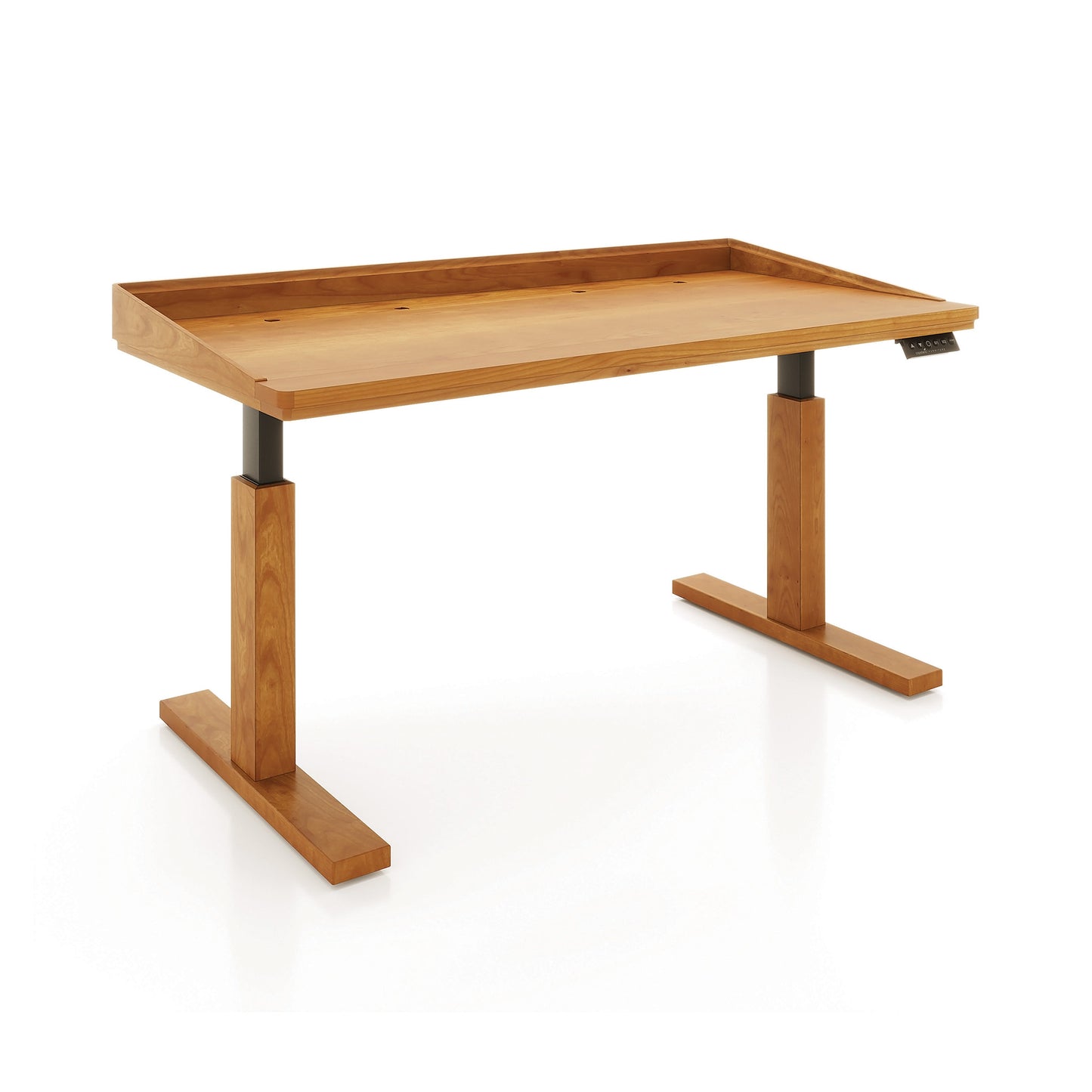 Copeland Furniture Odin Sit-Stand Desk with rectangular legs and a raised edge, crafted in America from quality wood, highlighting elegant modern design.