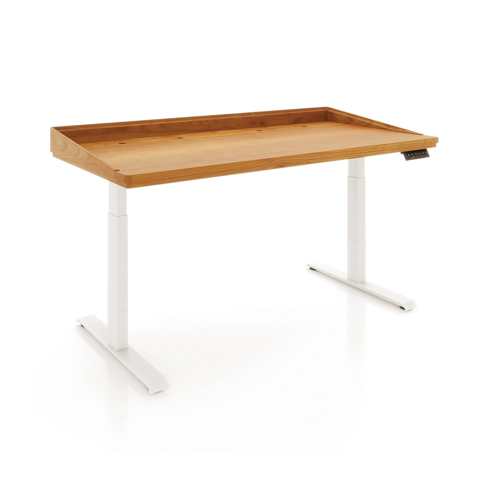 Odin Sit-Stand Desk by Copeland Furniture with a wooden top, raised edges, and ergonomic adjustable frame; quality American made furniture.