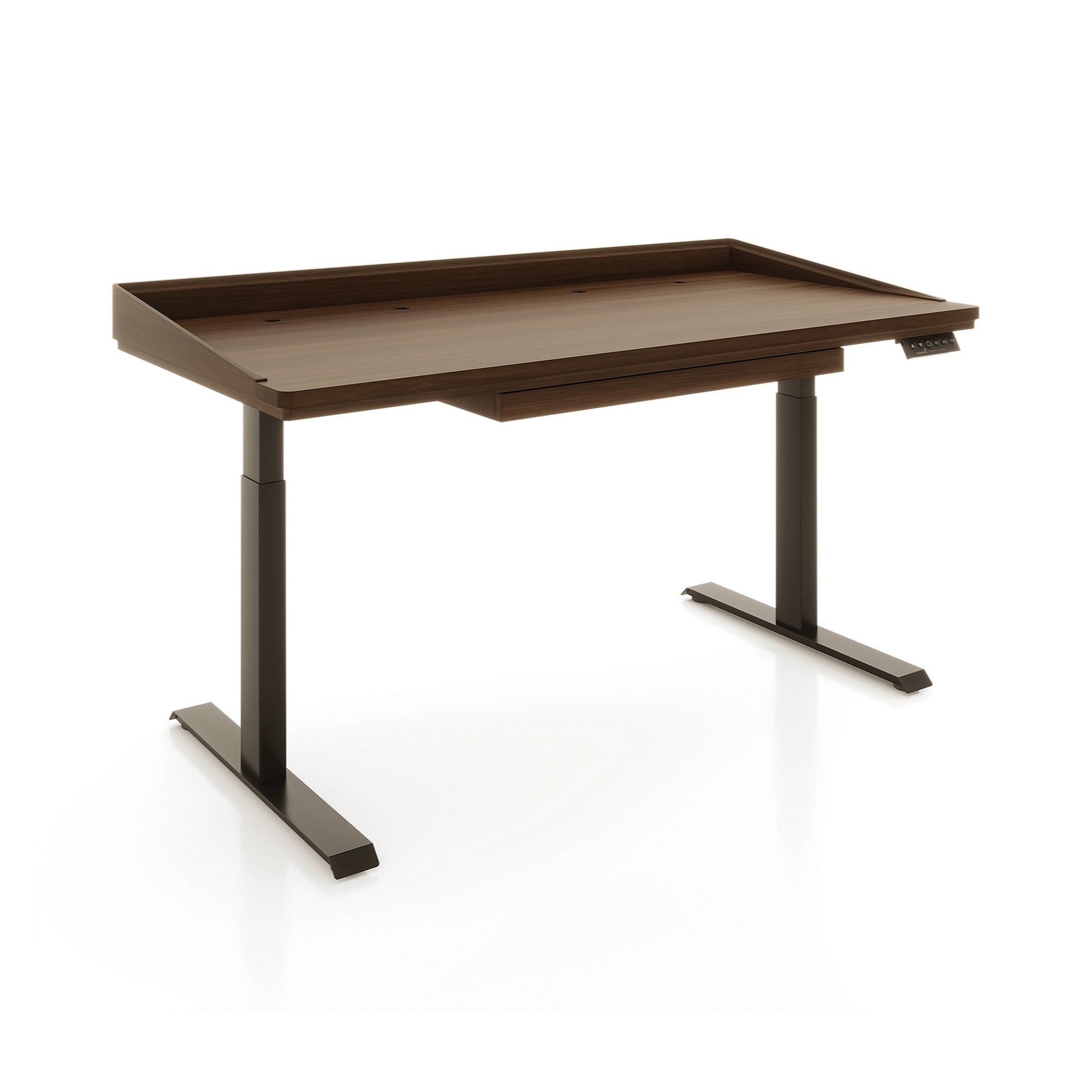 Odin Sit-Stand Desk by Copeland Furniture with rich brown wood, sturdy metal legs, ergonomic control panel, and a distinctive raised tabletop edge.