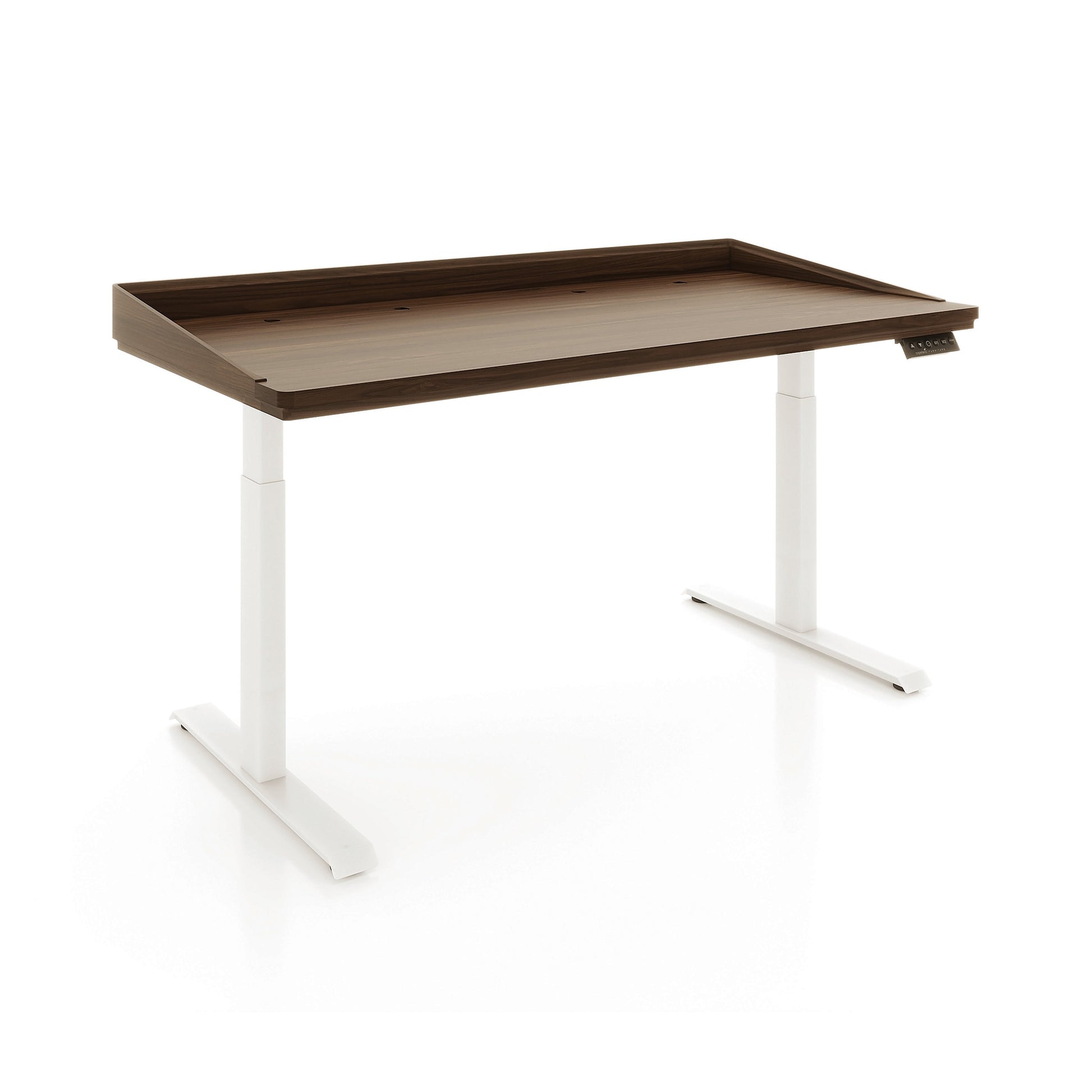 Copeland Furniture Odin Sit-Stand Desk with a wooden top, raised edge detail, and white adjustable legs showcasing American craftsmanship.