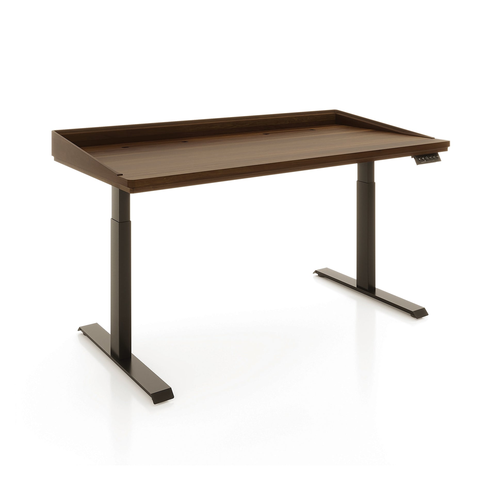 Copeland Furniture Odin Sit-Stand Desk with raised edge and black adjustable metal legs, expertly crafted in the USA.