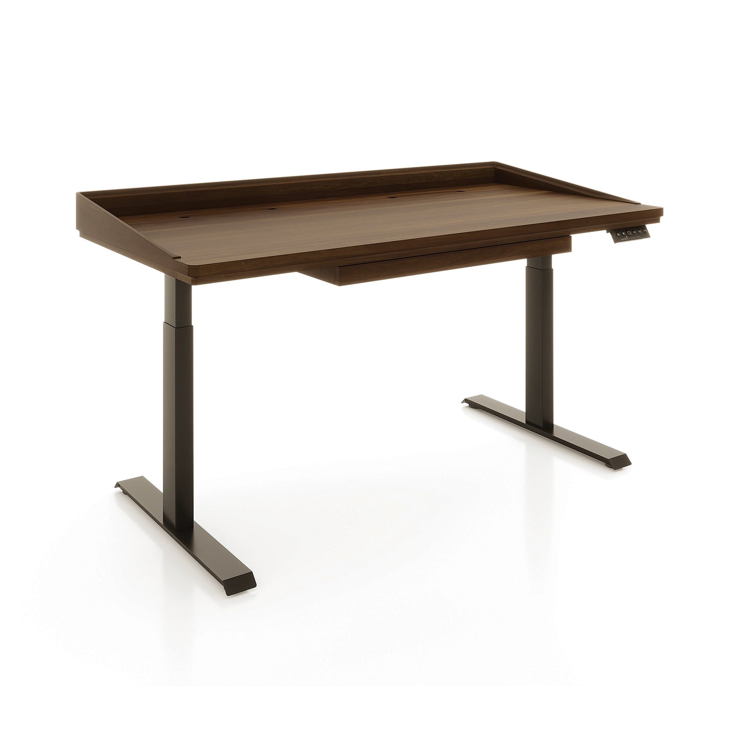 Odin Sit-Stand Desk by Copeland Furniture with a sleek wood top, durable metal legs, and right-side height control panel for ergonomic adjustment.