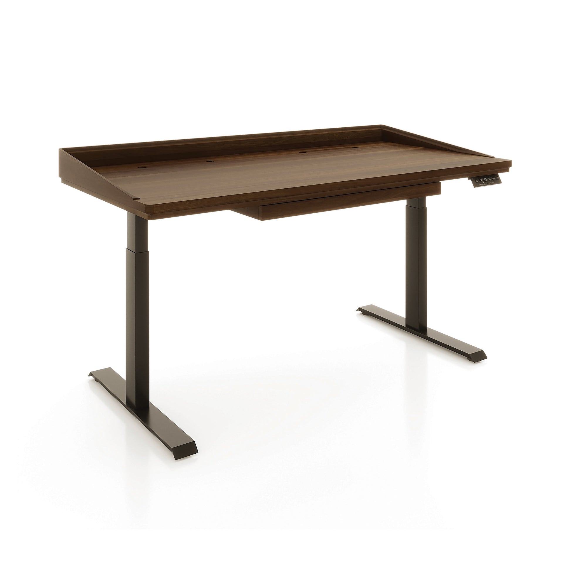 Odin Sit-Stand Desk by Copeland Furniture with a sleek wood top, durable metal legs, and right-side height control panel for ergonomic adjustment.