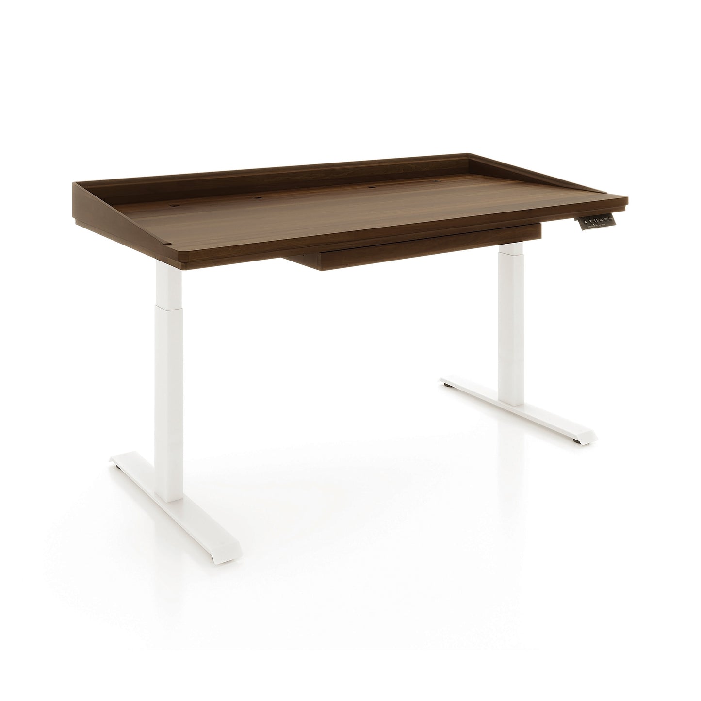 Odin Sit-Stand Desk by Copeland Furniture with dark wood top, white metal legs, and adjustable height; expertly crafted American-made desk.