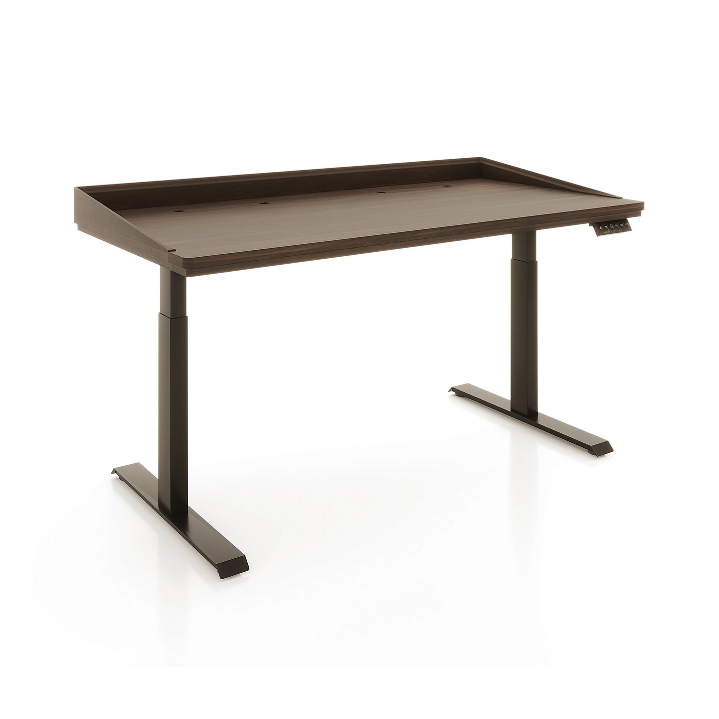 Odin Sit-Stand Desk by Copeland Furniture in dark brown hardwood with adjustable metal legs and right-side keypad, handcrafted in Vermont.