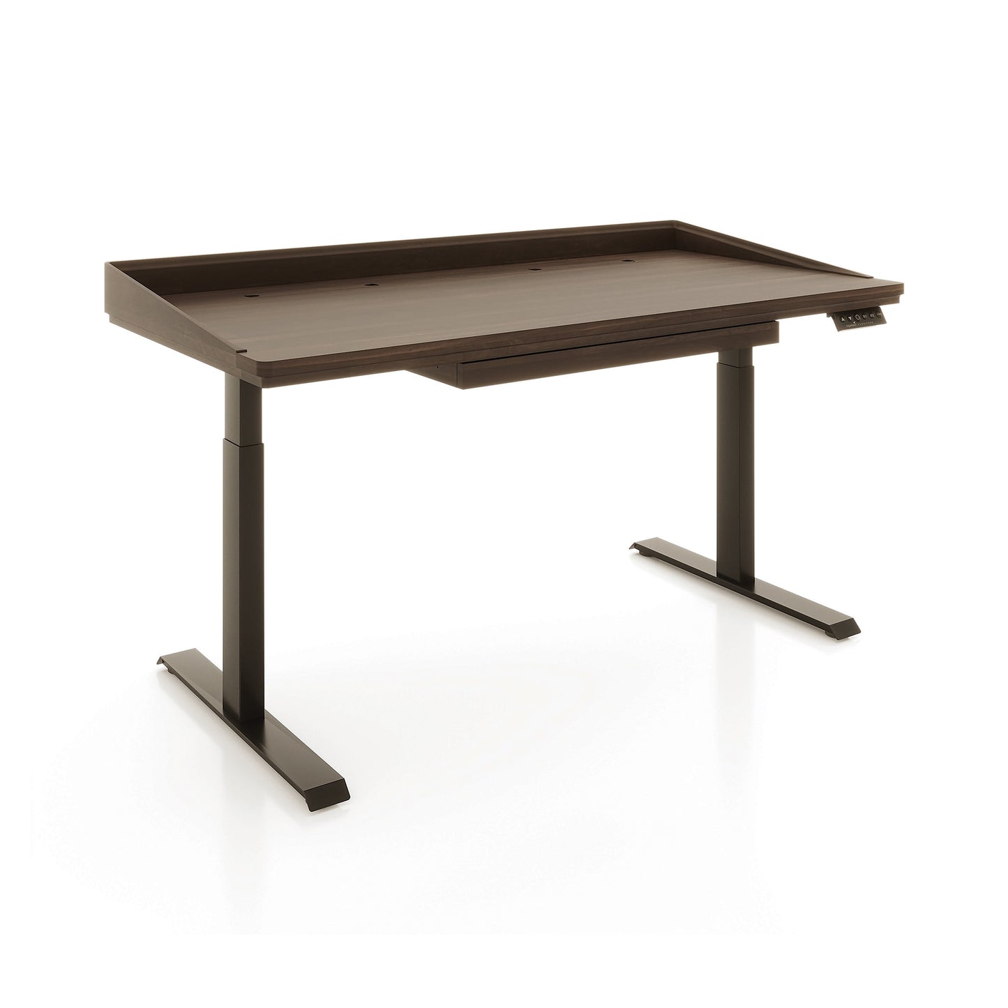 Copeland Furniture Odin Sit-Stand Desk with rich brown finish, sturdy metal legs, raised edge detail, and a convenient right-side control panel.