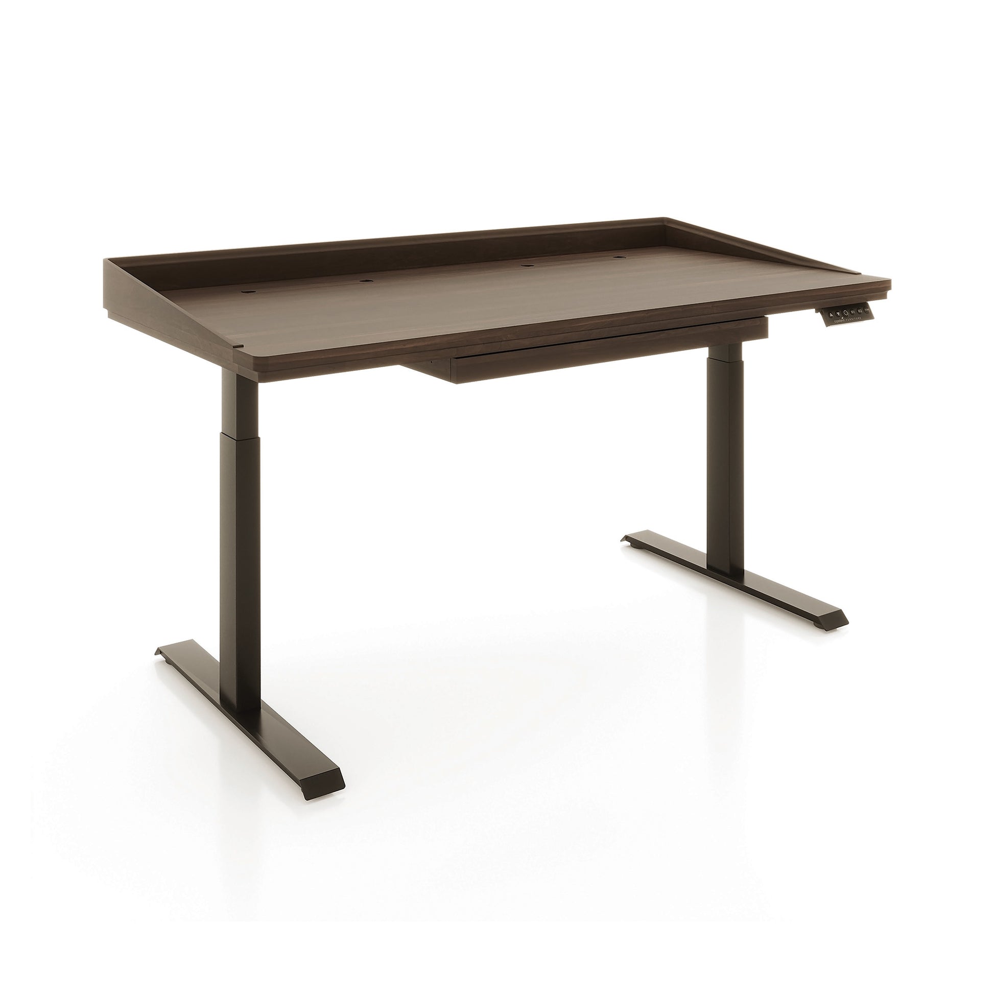 Copeland Furniture Odin Sit-Stand Desk with rich brown finish, sturdy metal legs, raised edge detail, and a convenient right-side control panel.