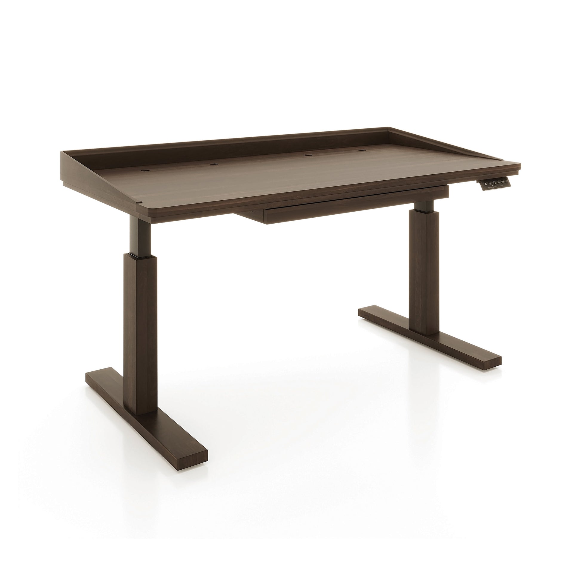 Copeland Furniture Odin Sit-Stand Desk, American made, brown wood finish, rectangular top, ergonomic design with sturdy legs and right-side control panel.