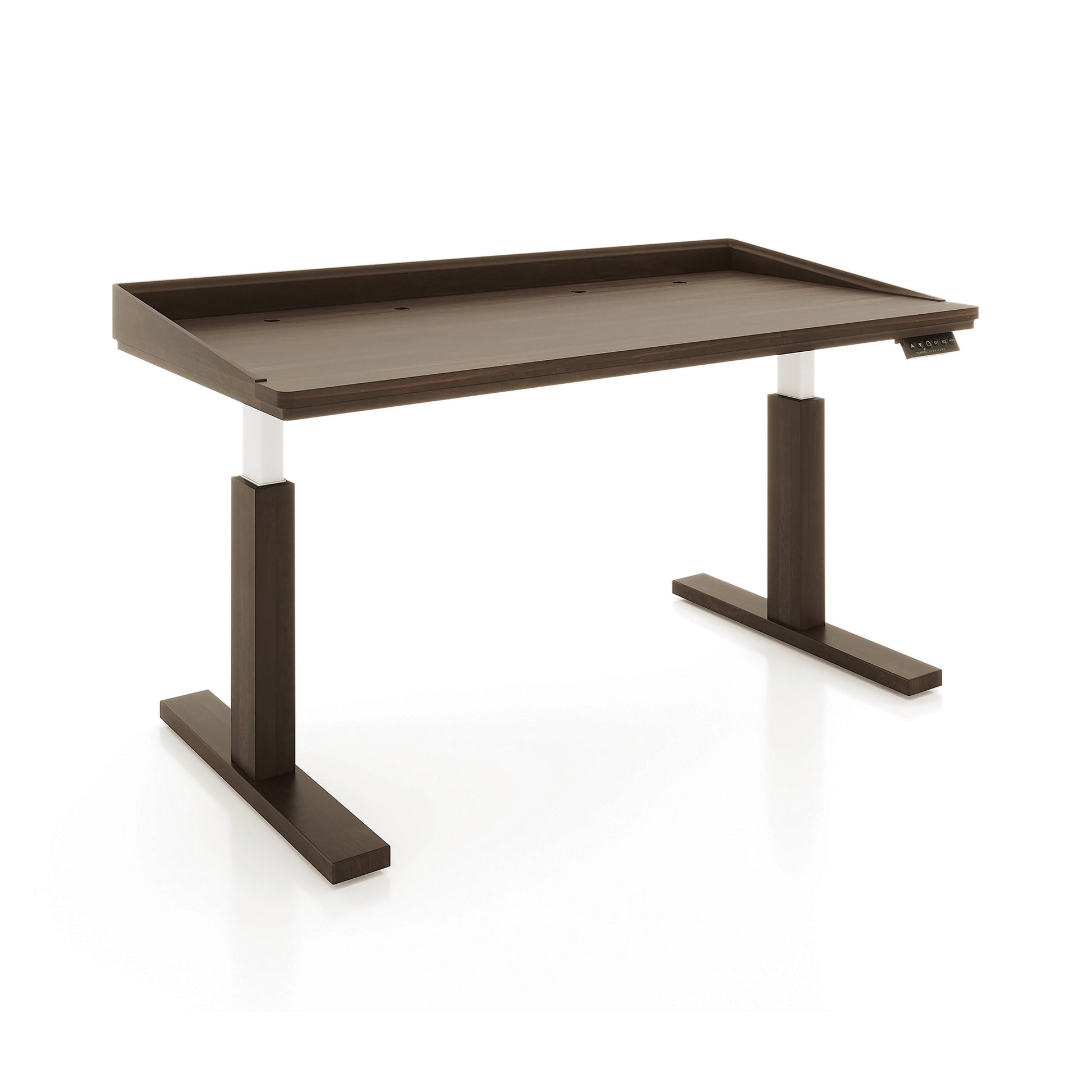 Odin Sit-Stand Desk by Copeland Furniture with a dark wood top and white-brown legs, crafted in America from quality materials.
