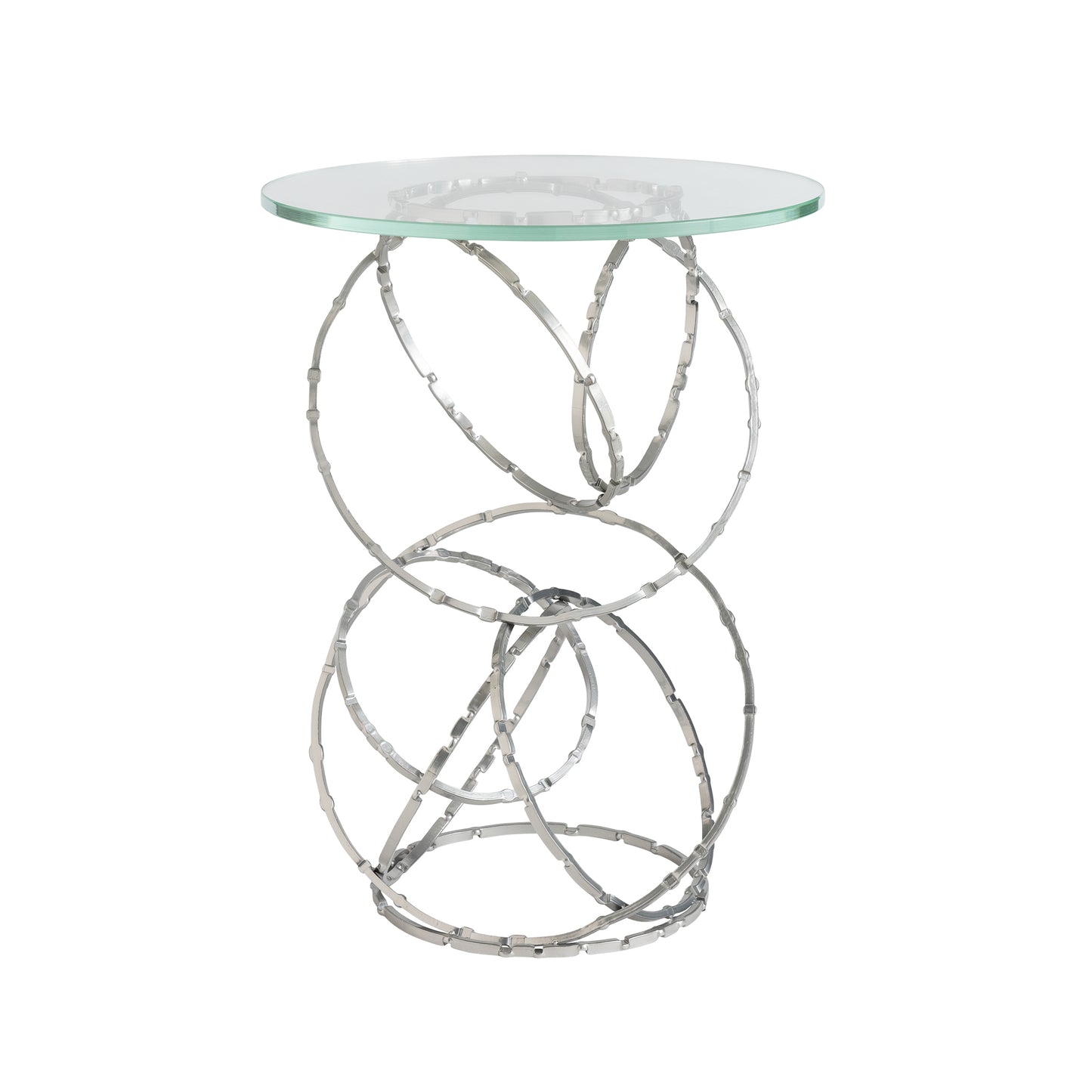 Introducing the Olympus Glass Top Accent Table by Hubbardton Forge, a stylish piece with a contemporary design. The base showcases intricately intertwined circular metal bands finished in sleek silver, forming an elegant open structure ideal for any modern home.