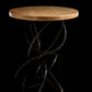 The Olympus Wood Top Accent Table by Hubbardton Forge showcases a Vermont maple wood top and a detailed spiral metal base, set against a black background.