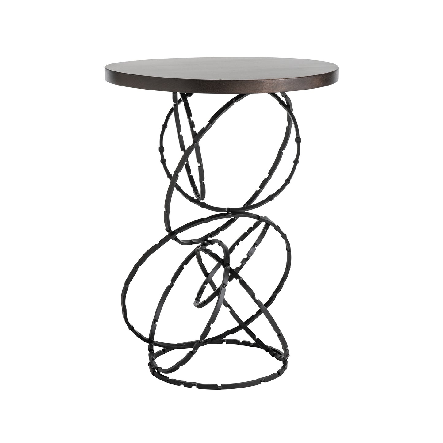 A compact, round accent table from Hubbardton Forge, the Olympus Wood Top Accent Table showcases a Vermont maple wood surface and a detailed metal base featuring twisted wire loops that form an artistic design.