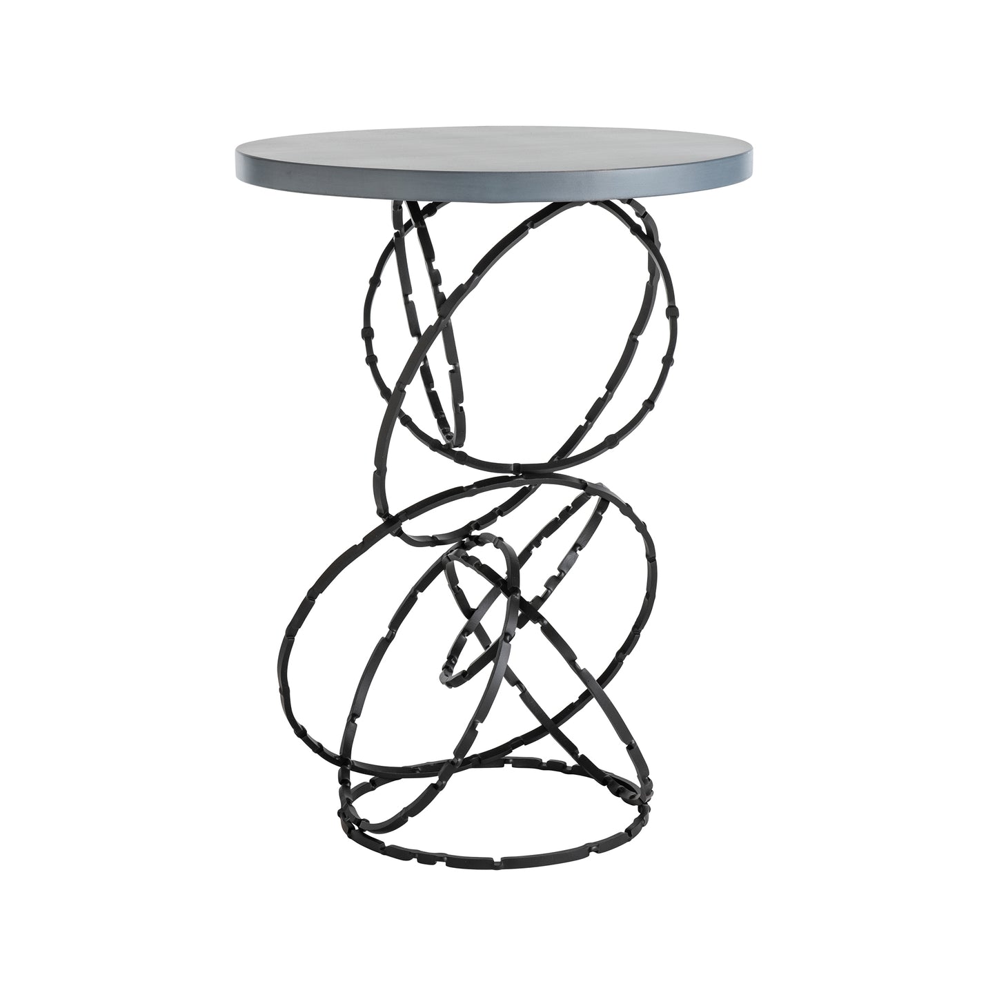 The Olympus Wood Top Accent Table, by Hubbardton Forge, features a Vermont maple wood top with a sleek modern round gray finish. Its abstract black metal base is adorned with intertwined loops in an eye-catching spiral design.