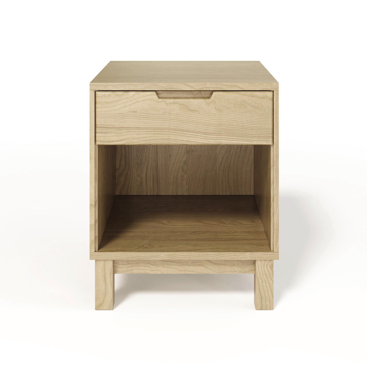 A Vermont handcrafted solid oak hardwood Copeland Furniture Oslo 1-Drawer Enclosed Shelf Nightstand, on a white background.
