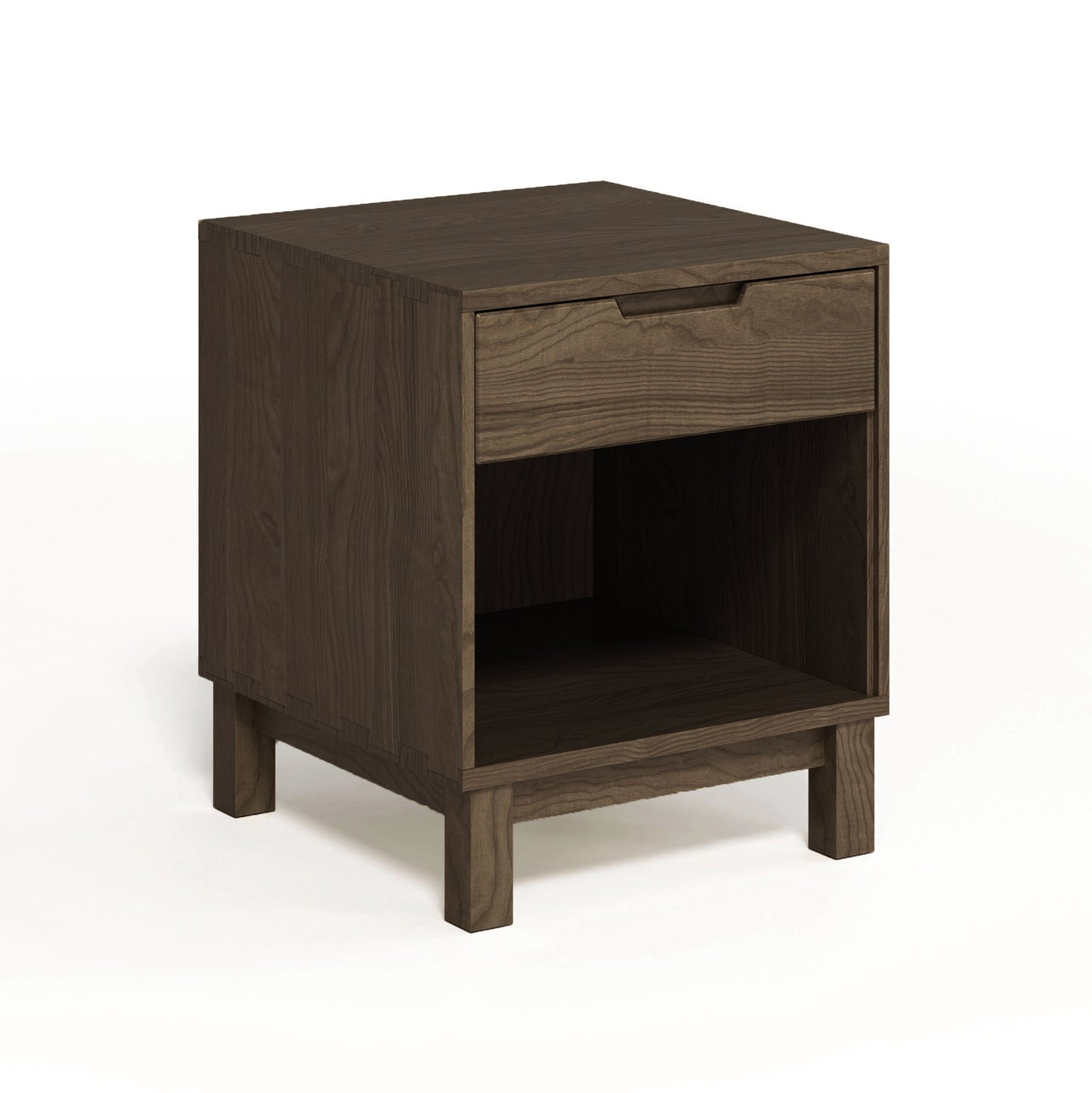 A dark brown solid oak hardwood nightstand, featuring an open shelf and a single drawer, set against a white background - the Copeland Furniture Oslo 1-Drawer Enclosed Shelf Nightstand.