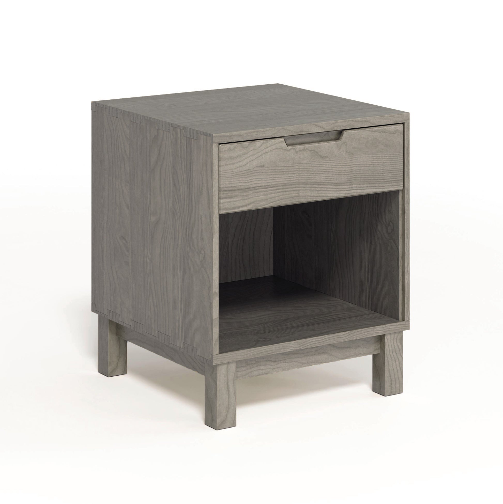 A Copeland Furniture Oslo 1-Drawer Enclosed Shelf Nightstand with a single drawer and an enclosed lower shelf, featuring a gray finish, photographed against a white background.
