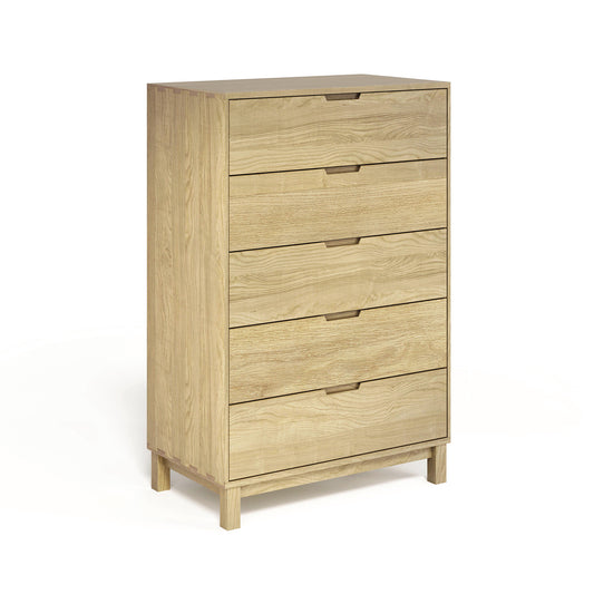 A solid oak hardwood Oslo 5-Drawer Wide Chest from the Copeland Furniture Bedroom Furniture Collection, standing against a white background.