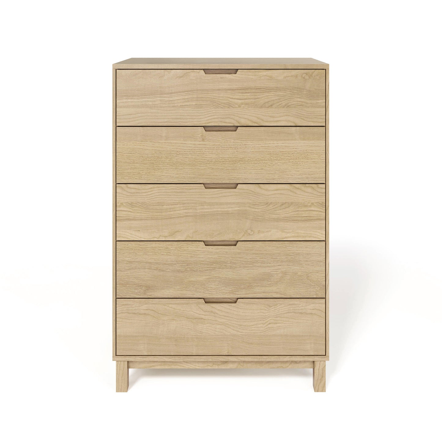 A solid oak hardwood Oslo 5-Drawer Wide Chest from the Copeland Furniture against a white background.